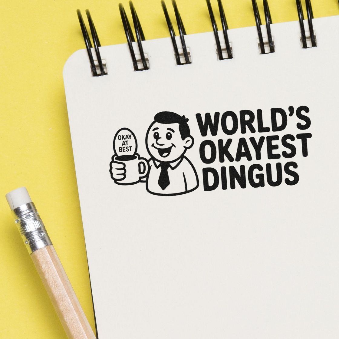 Funny rubber stamp design reading Worlds Okayest Dingus with cartoon man holding a mug, perfect for novelty office stamps.