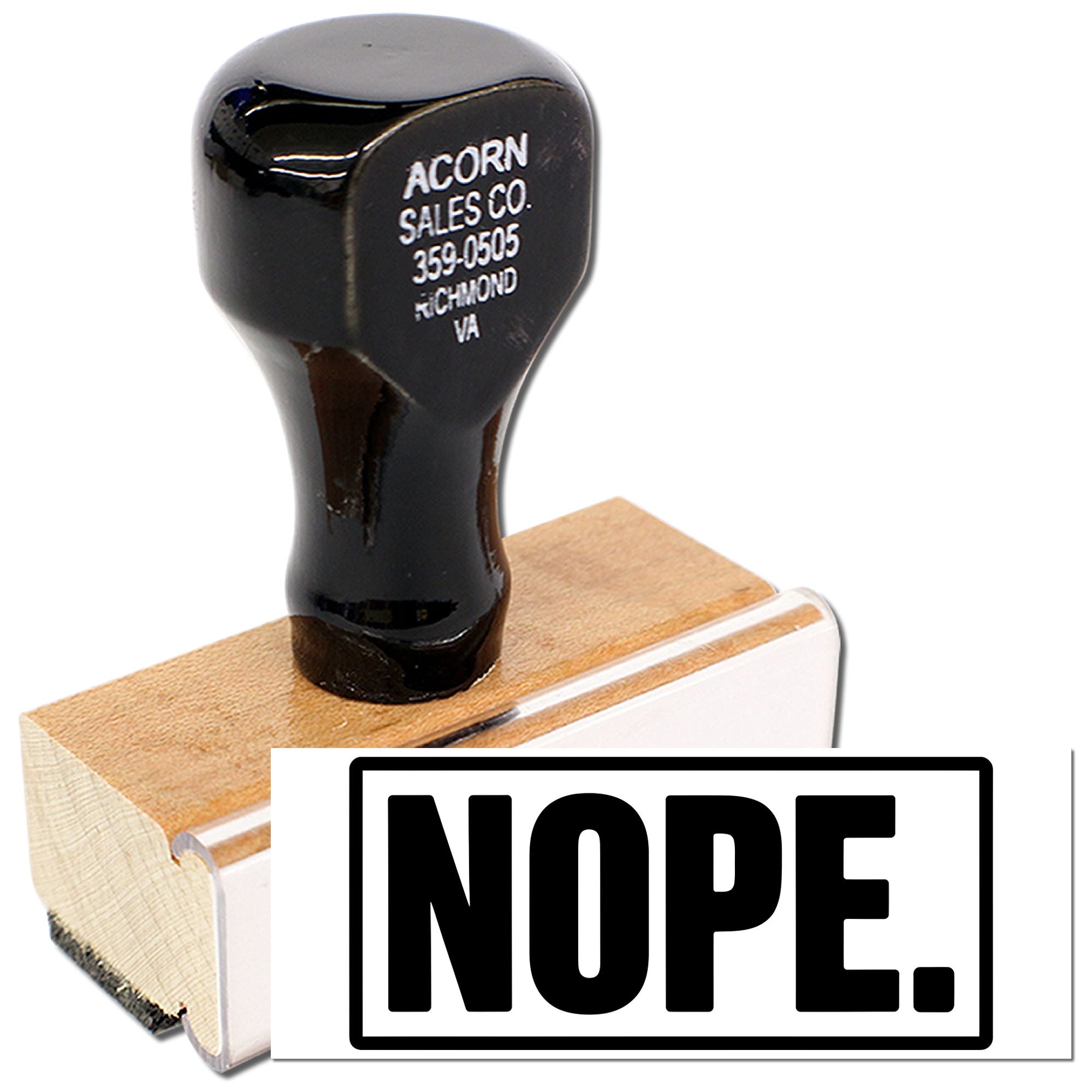Rubber stamp with bold NOPE imprint for marking rejected documents and office approvals.