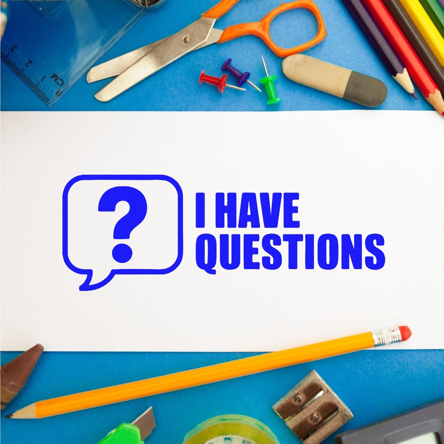 I Have Questions rubber stamp design with speech bubble icon, ideal for school, office, and classroom feedback.