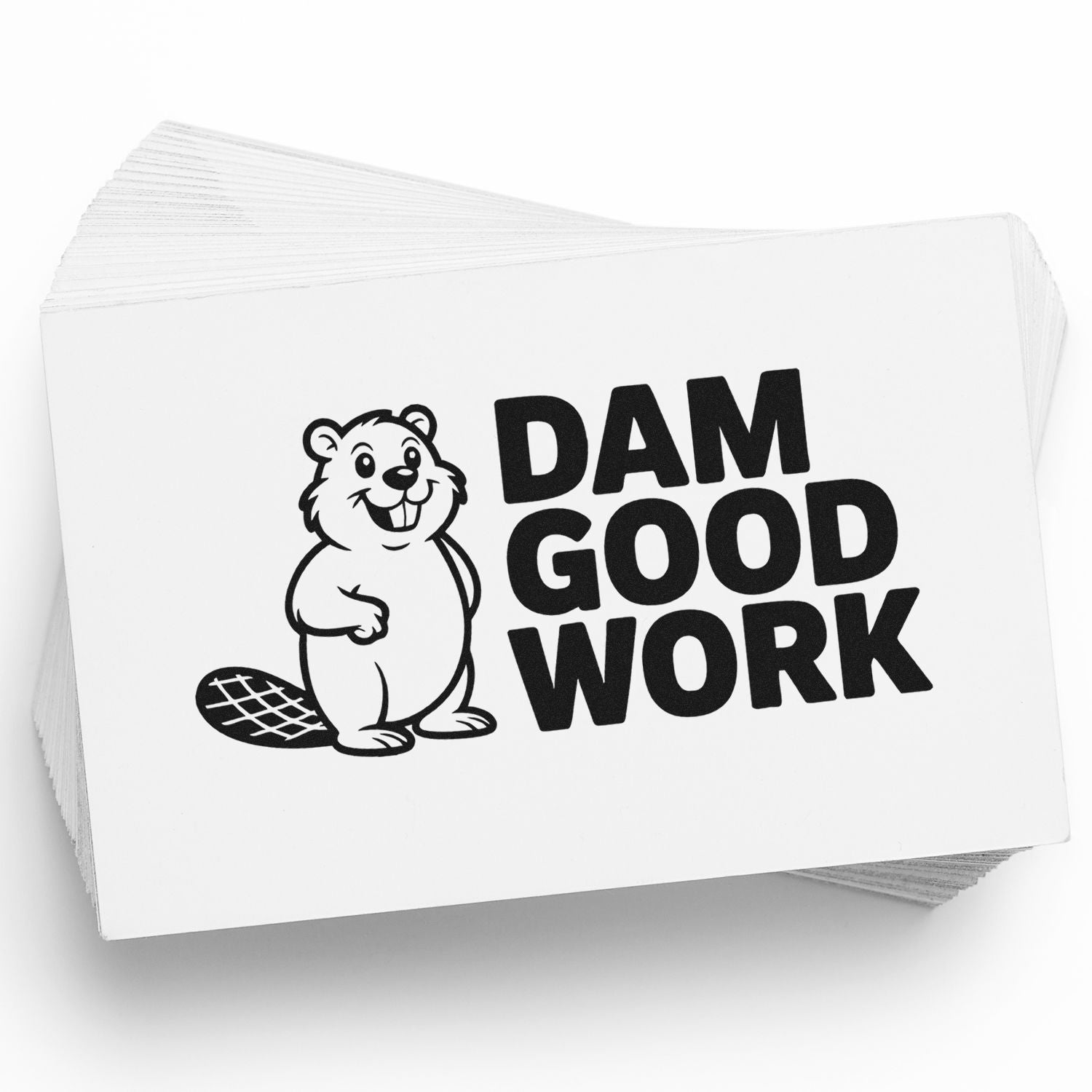 Dam Good Work rubber stamp with beaver cartoon, fun custom stamp design for office praise, crafts, and packaging.
