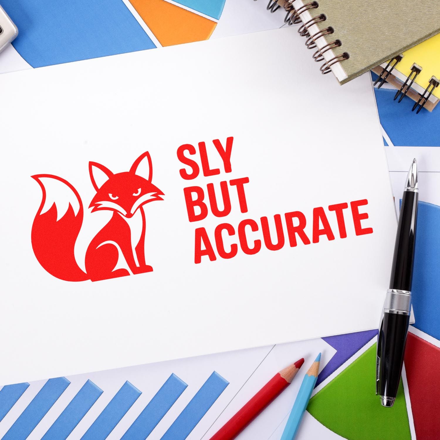 Custom rubber stamp design with fox graphic and Sly But Accurate slogan on stationery