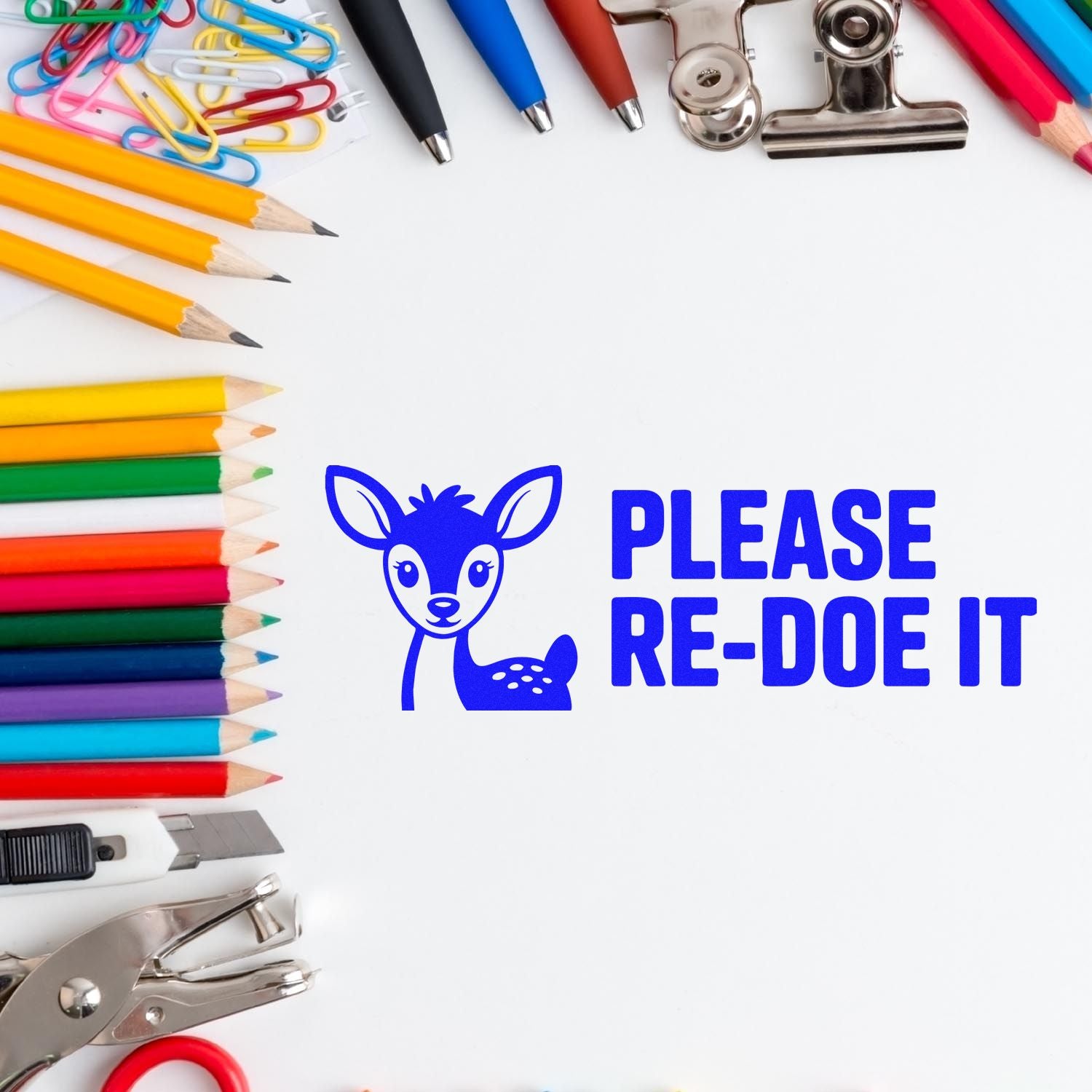 Please Re-do It rubber stamp with deer icon, shown among pencils and office supplies for classroom or grading use.