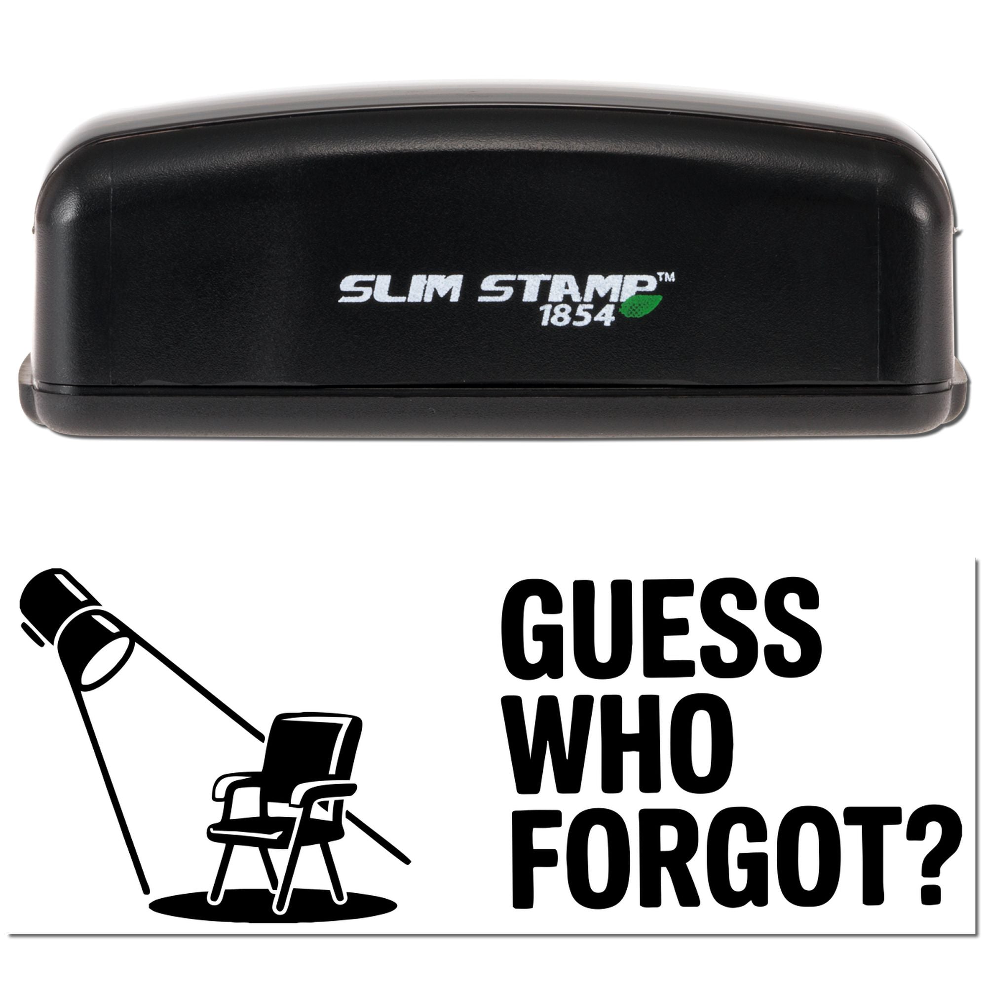 Self-inking rubber stamp with Guess Who Forgot? design for office reminders, teacher notes, and playful accountability.