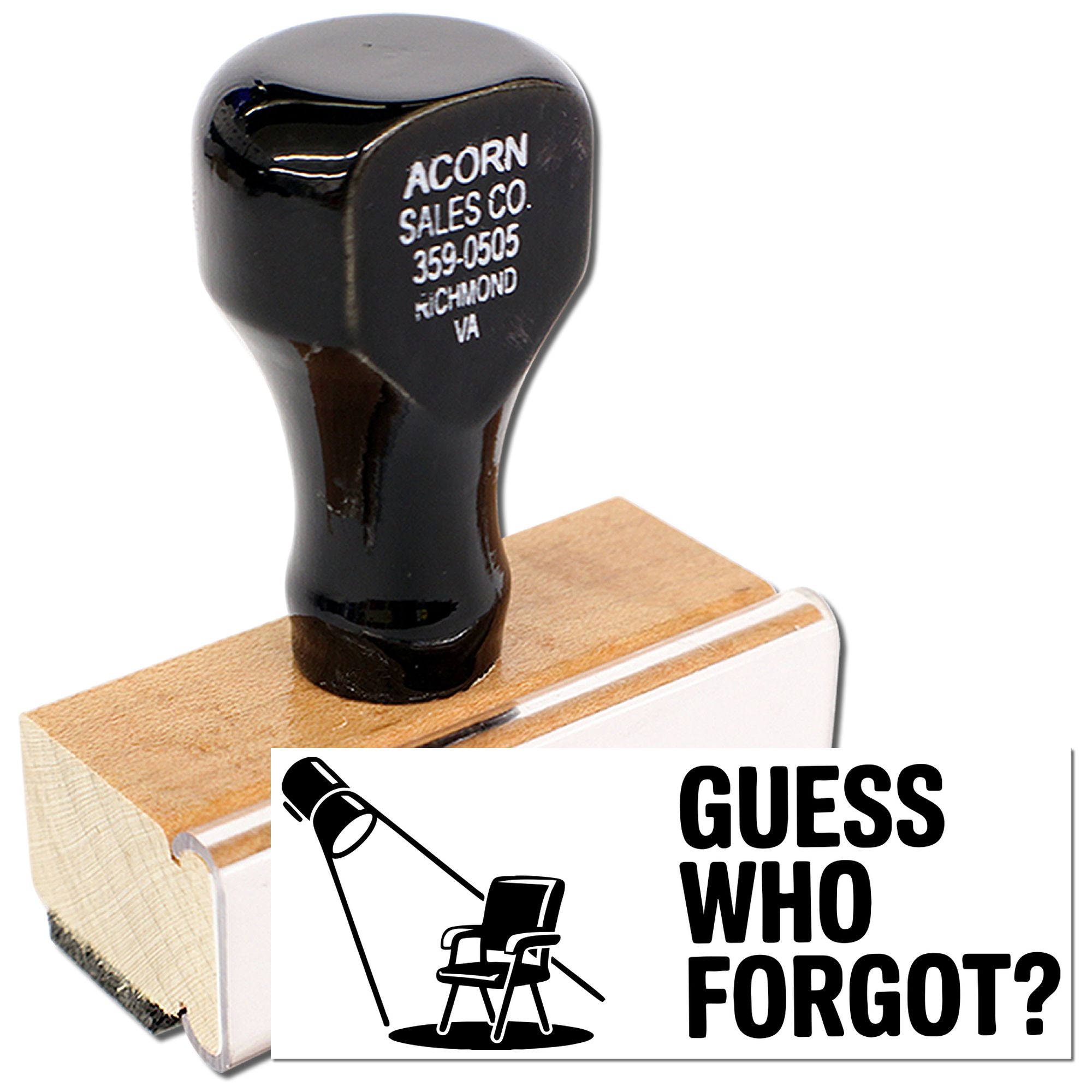 Custom rubber stamp with Guess Who Forgot? design for playful office reminders and personalized stamping.