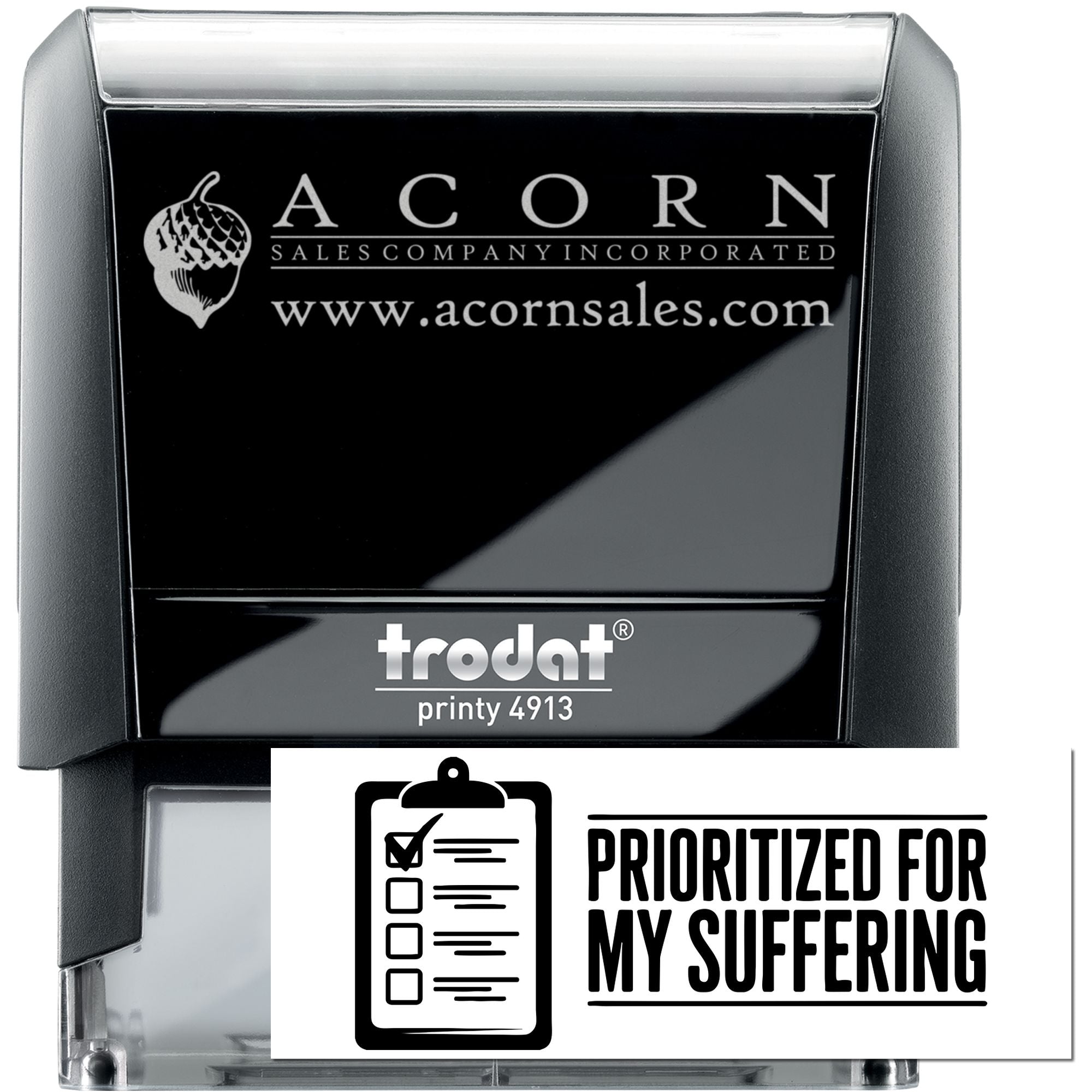Custom self-inking rubber stamp with Acorn Sales Company logo and website on a Trodat Printy 4913 stamp.