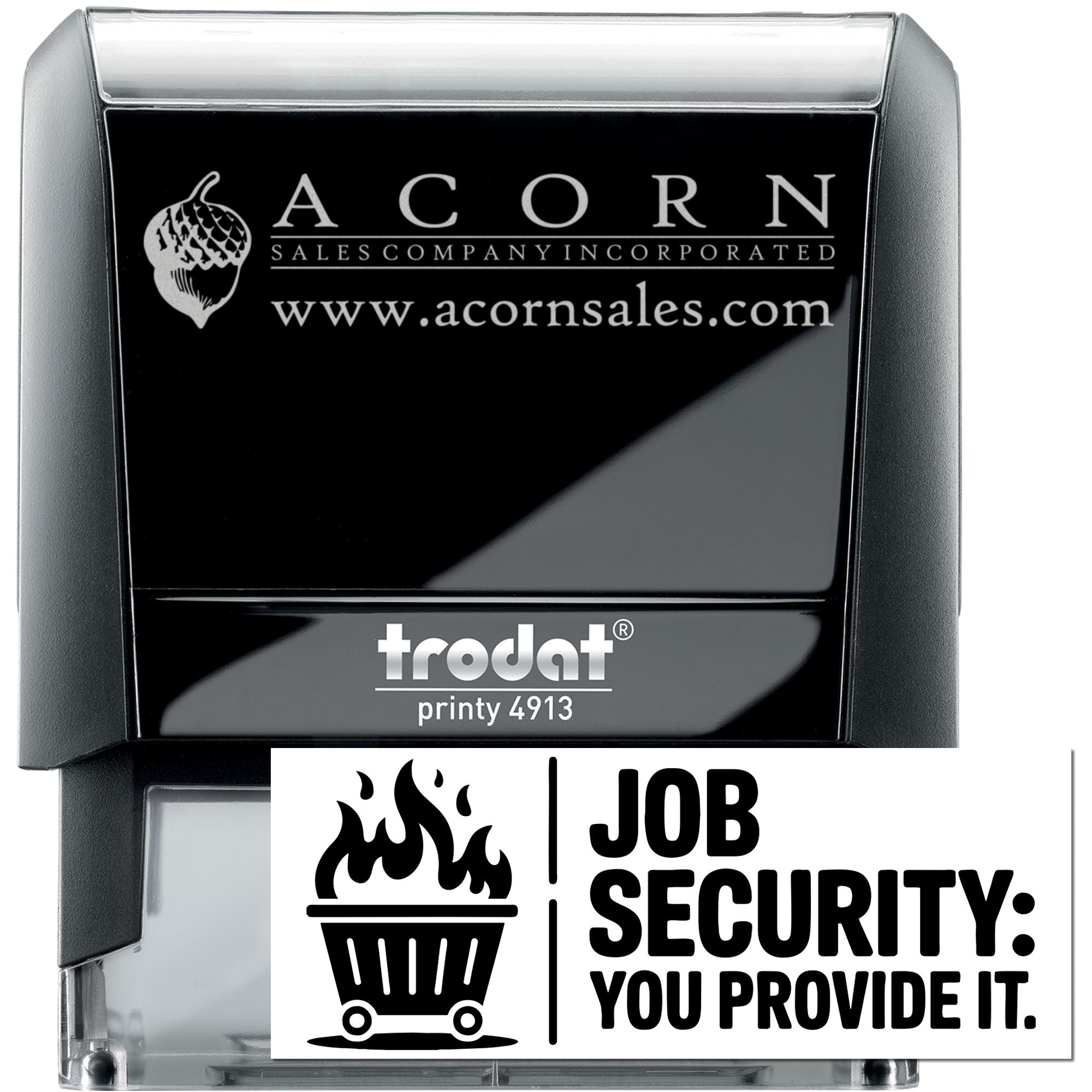 Custom self-inking rubber stamp with Acorn Sales Company logo and website, shown on Trodat Printy 4913.