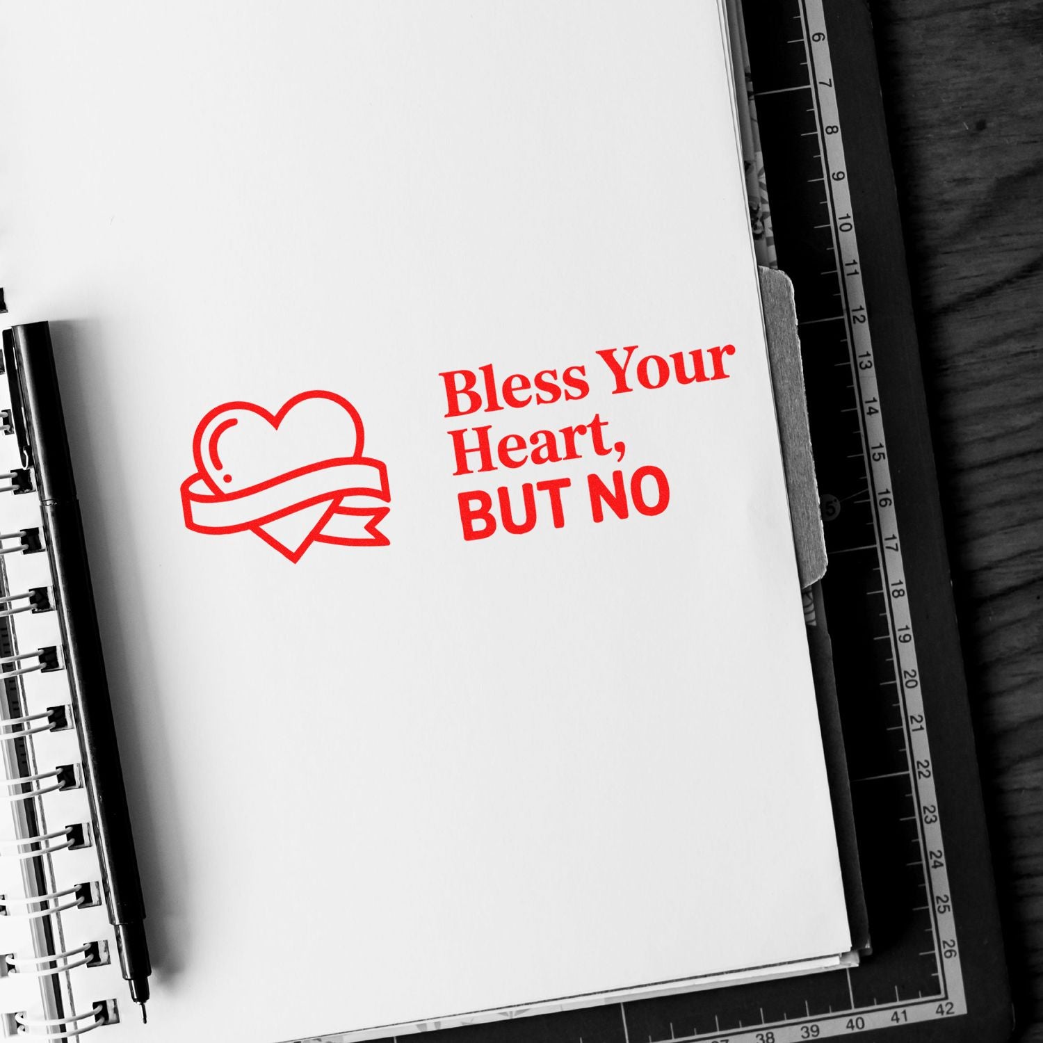 Funny rubber stamp design reading Bless Your Heart, But No with heart ribbon icon for sarcastic cards, planners, and crafts.