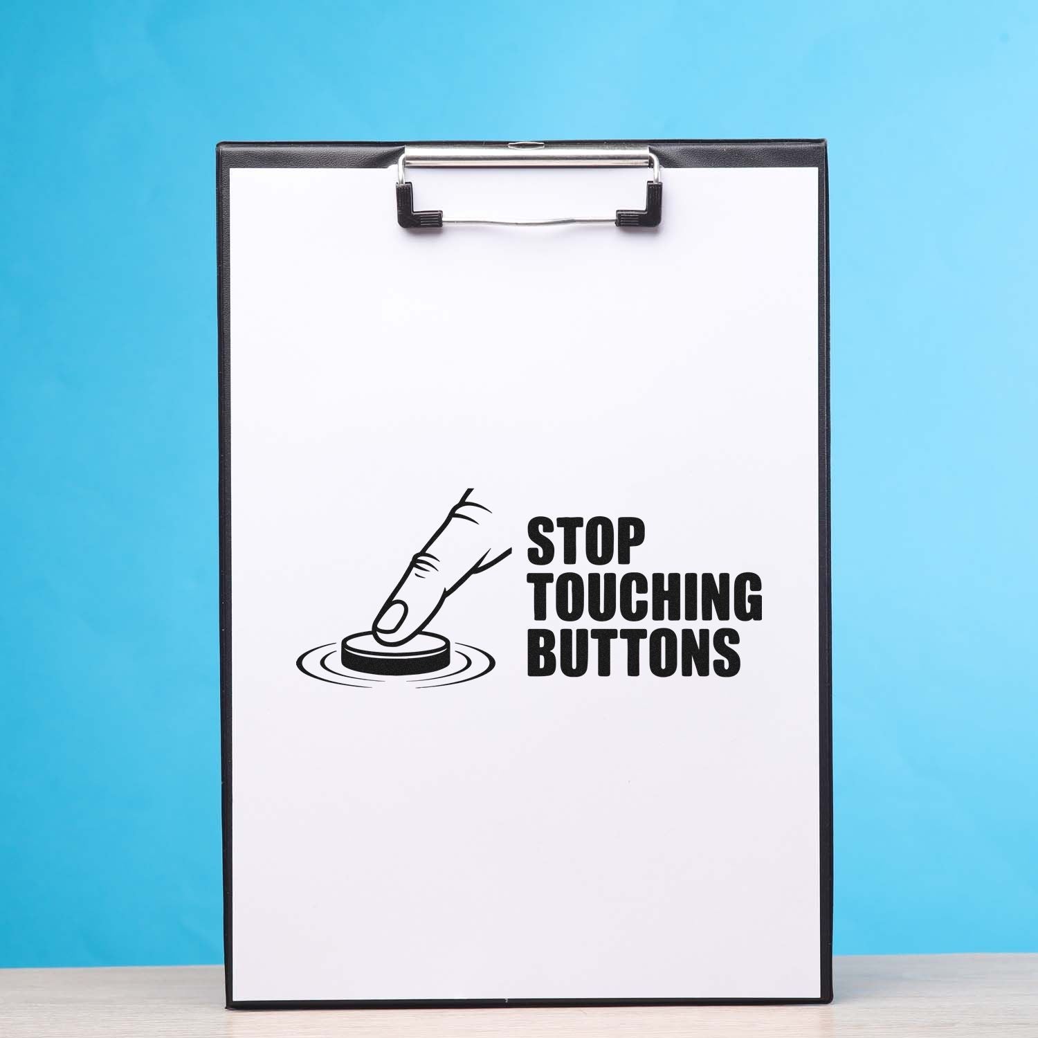 Rubber stamp design reading Stop Touching Buttons for social distancing reminders, hygiene notices, and office safety.