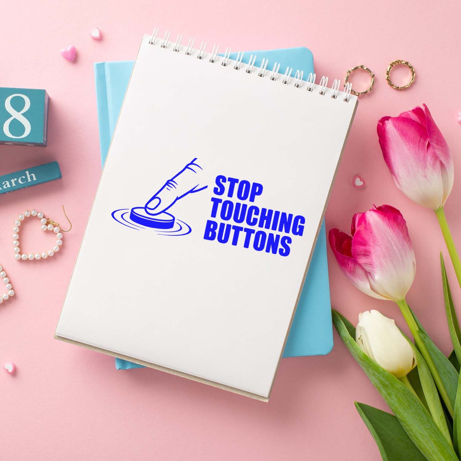 Stop Touching Buttons rubber stamp design with finger-press icon, ideal for office humor, warning labels, and custom stationery.