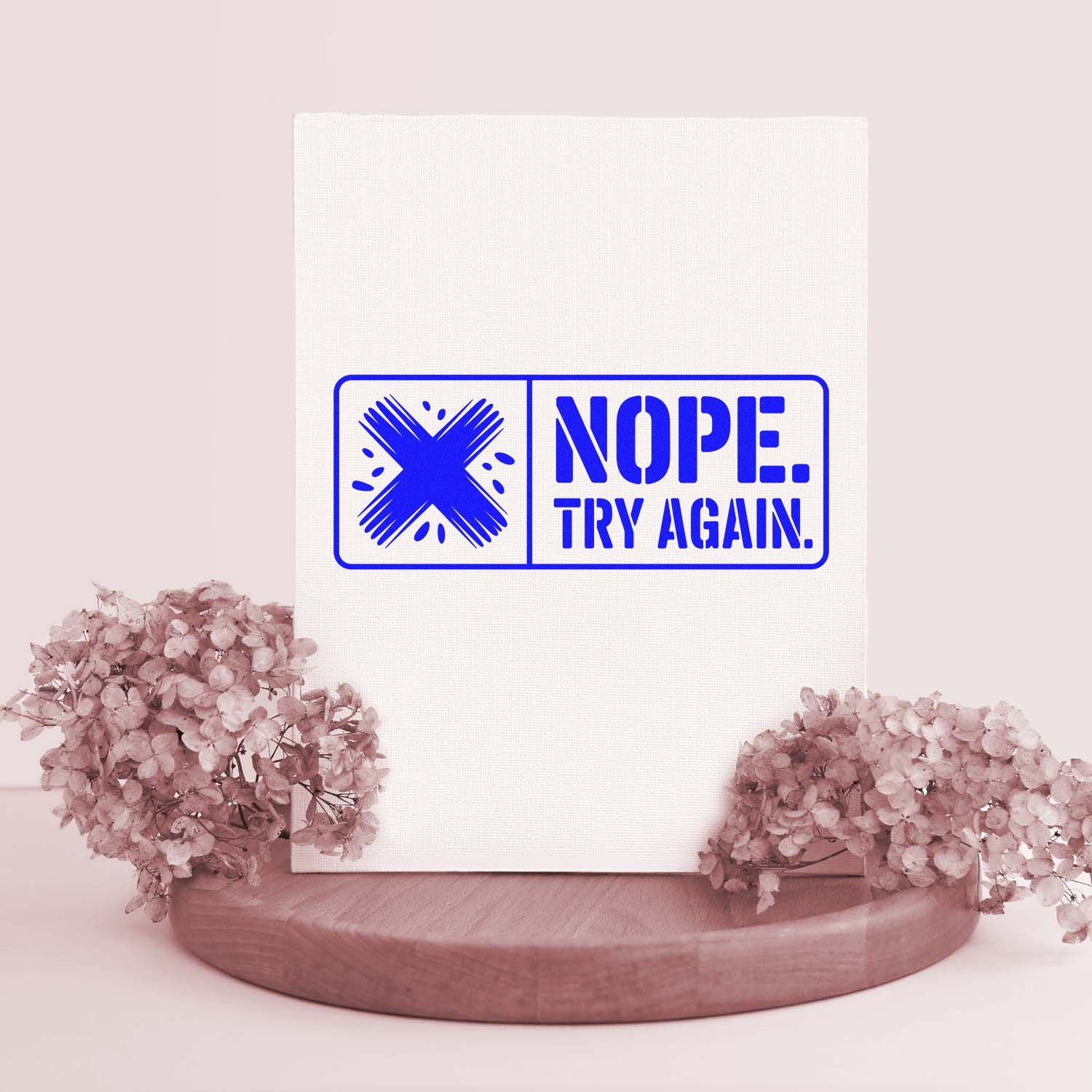 Blue Nope. Try Again. rubber stamp mockup with X icon, ideal for custom office feedback and rejection stamps.