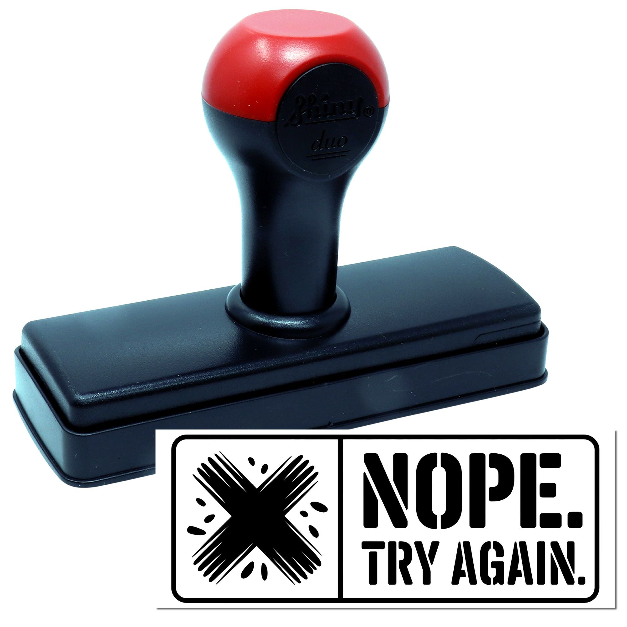 Self-inking rubber stamp with NOPE, TRY AGAIN message for office documents, rejection notices, and humorous feedback.