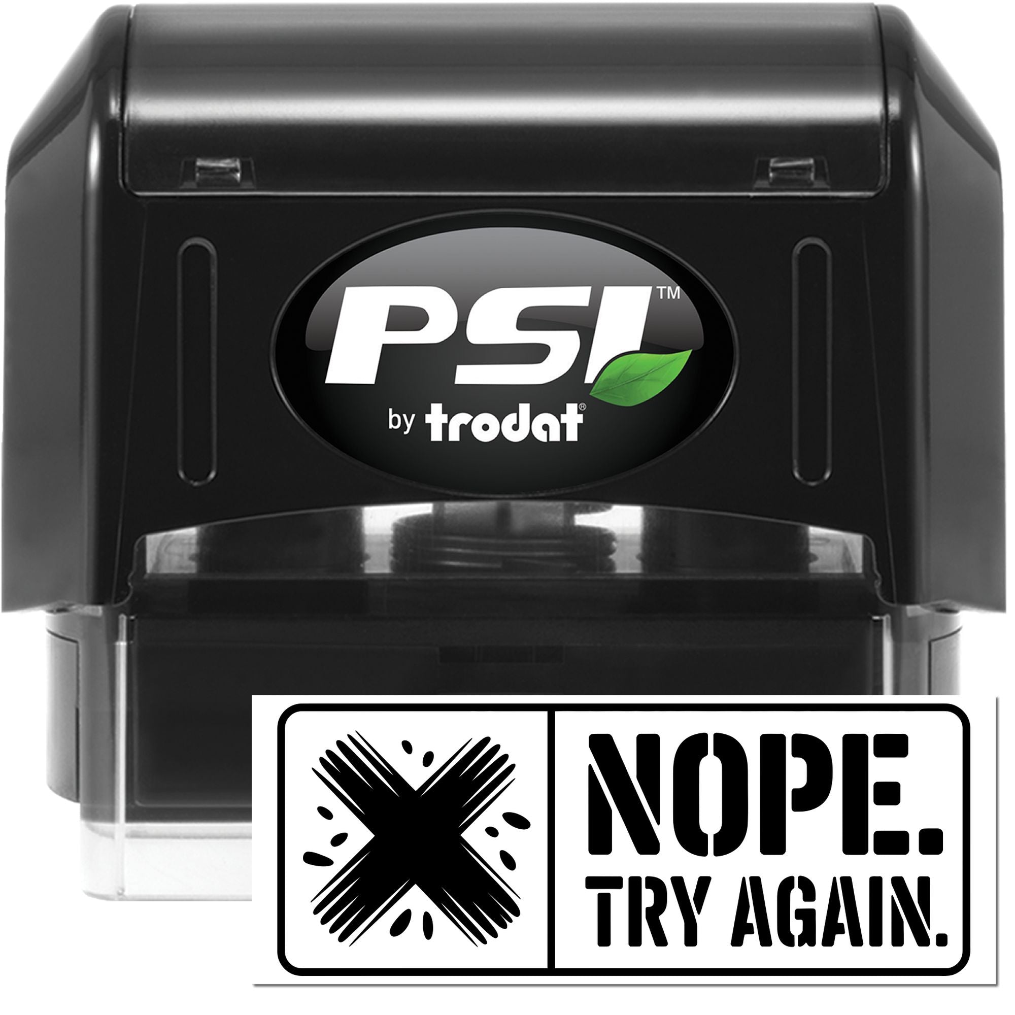 PSI by Trodat self-inking rubber stamp with Nope, Try Again message for fast office, teacher, or grading rejection marks.