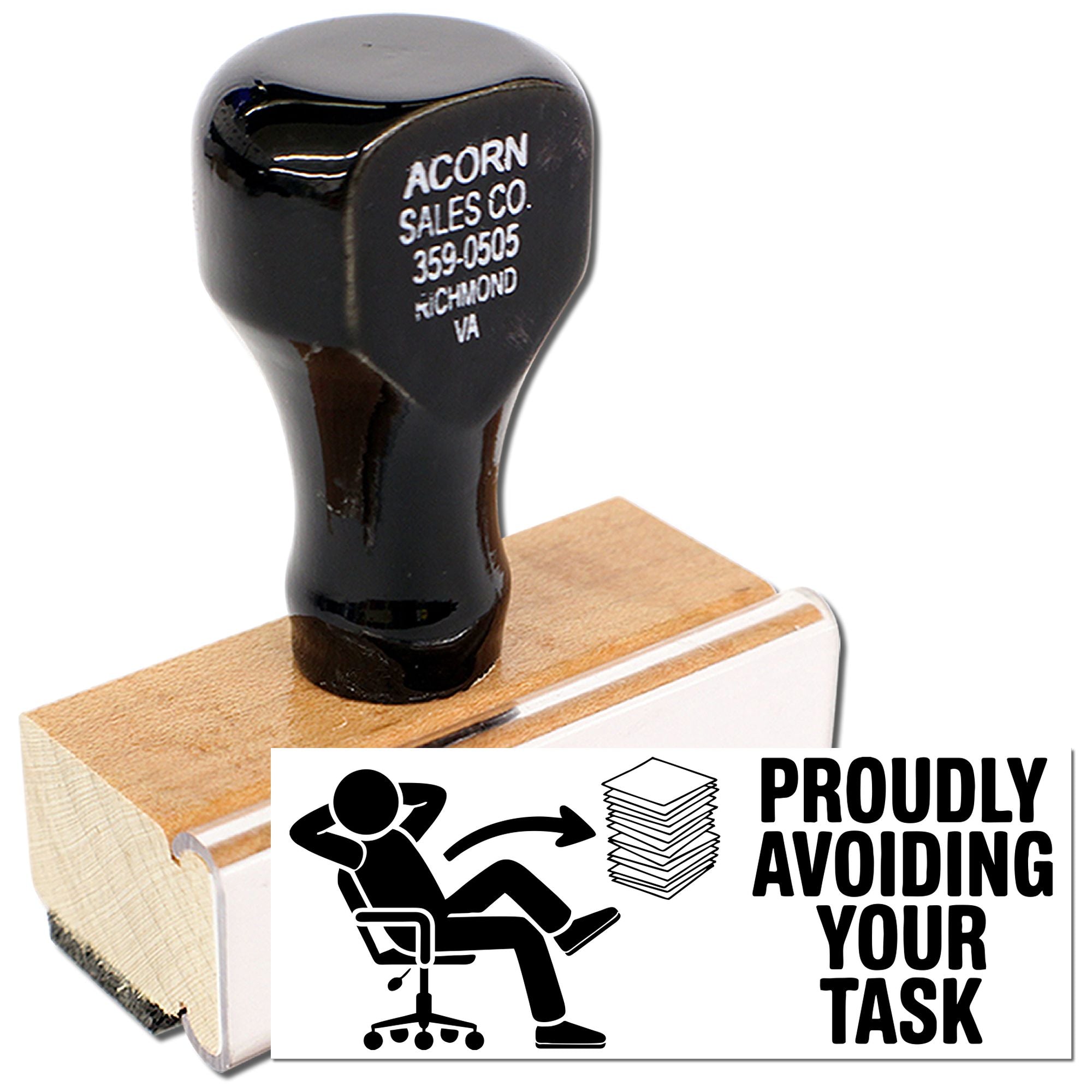 Office humor rubber stamp with Proudly Avoiding Your Task design, ideal for paperwork, desks, and custom business stamping.