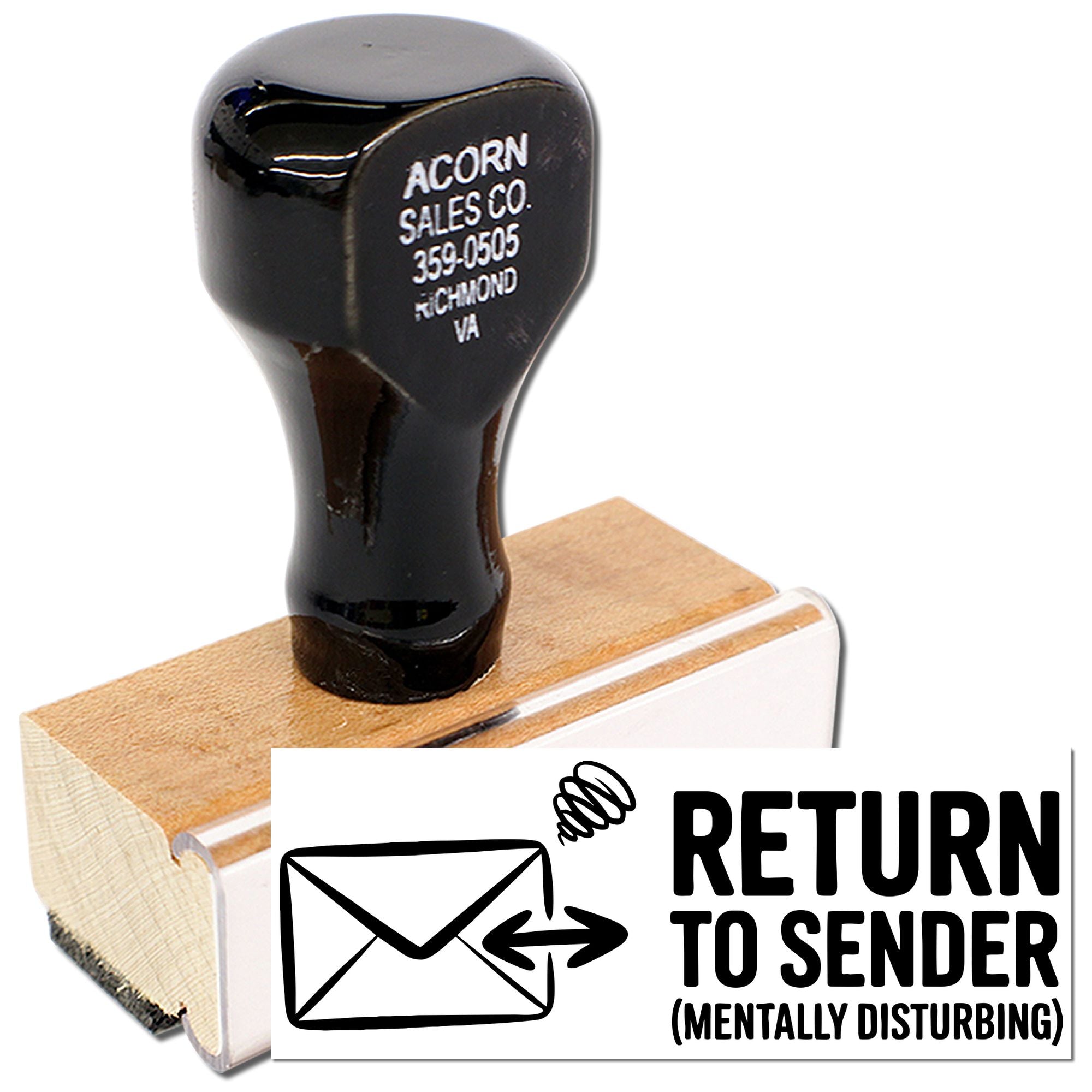 Custom Return to Sender rubber stamp with envelope icon for mail rejection and office correspondence.
