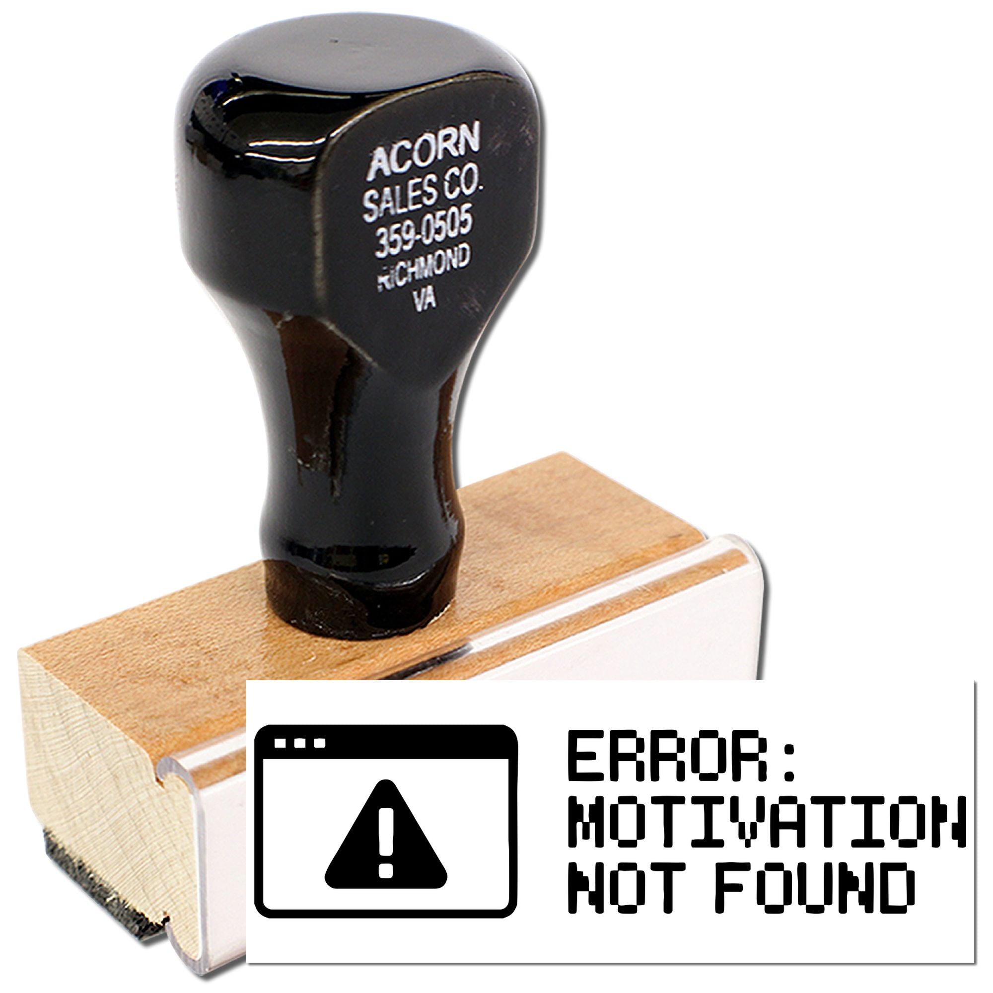 Custom rubber stamp with business address and Error: Motivation Not Found imprint for office branding and document marking.