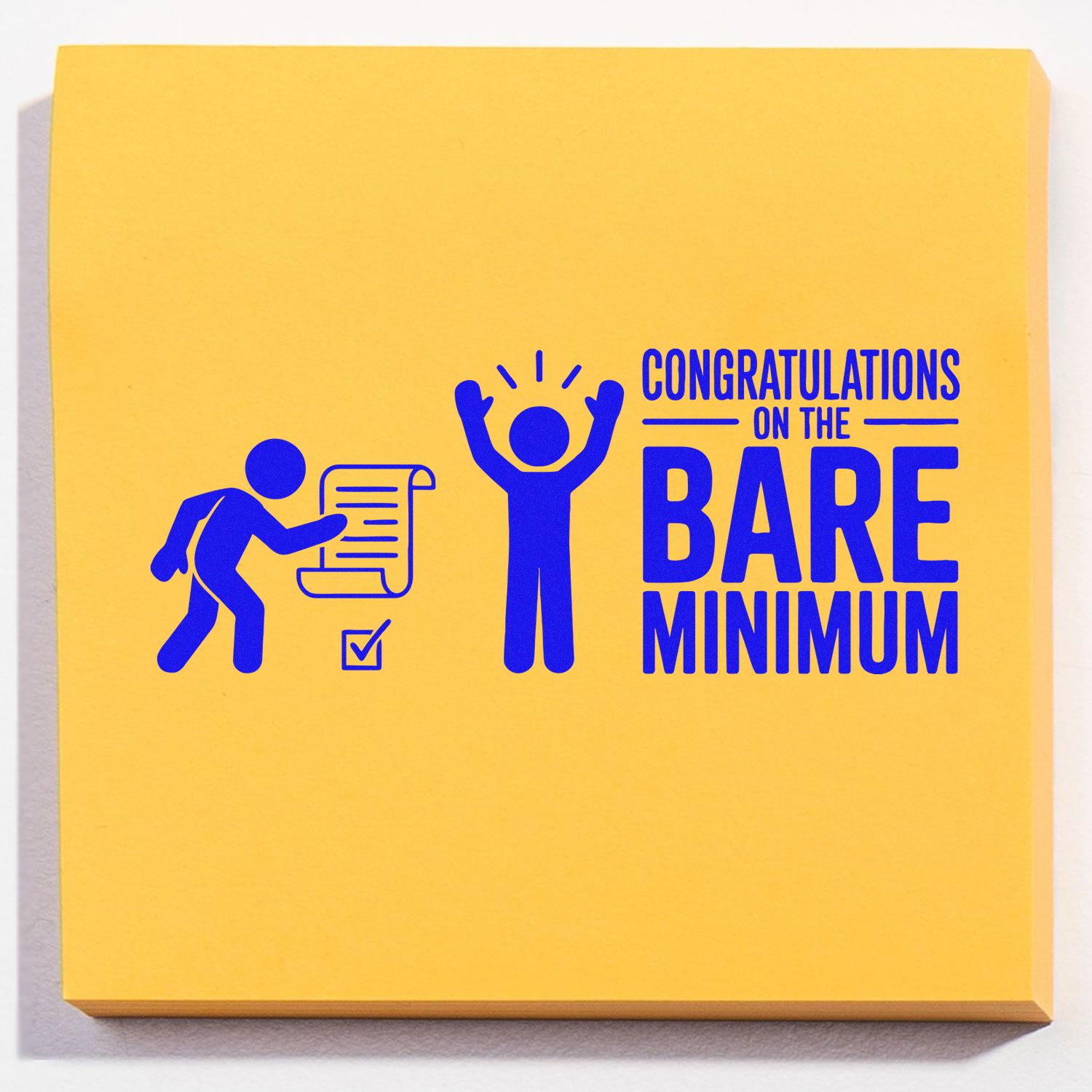 Humorous congratulations on the bare minimum rubber stamp design with blue lettering and stick figures on a yellow background.
