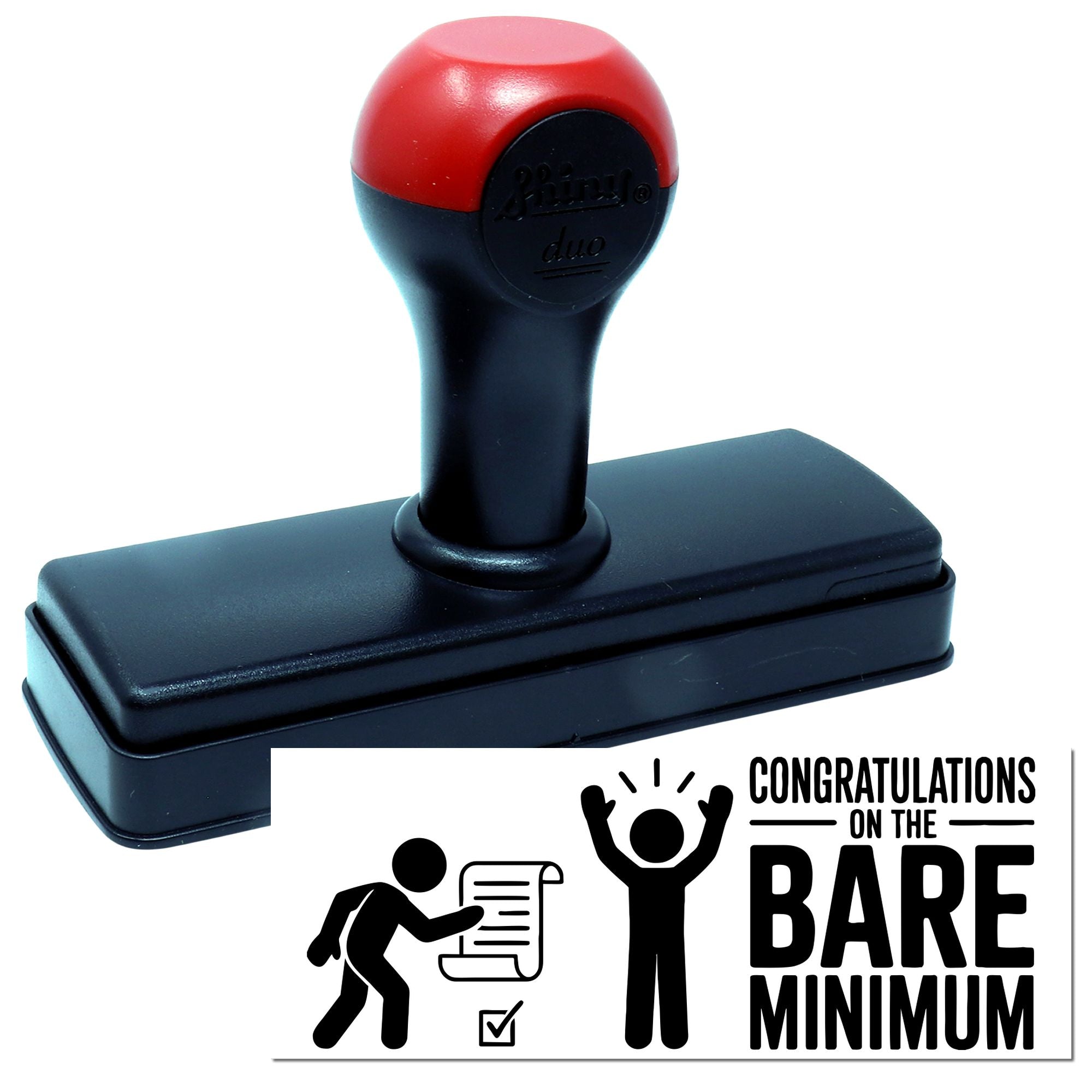 Self-inking rubber stamp with Congratulations on the Bare Minimum message for humorous office approval and reward stamping.