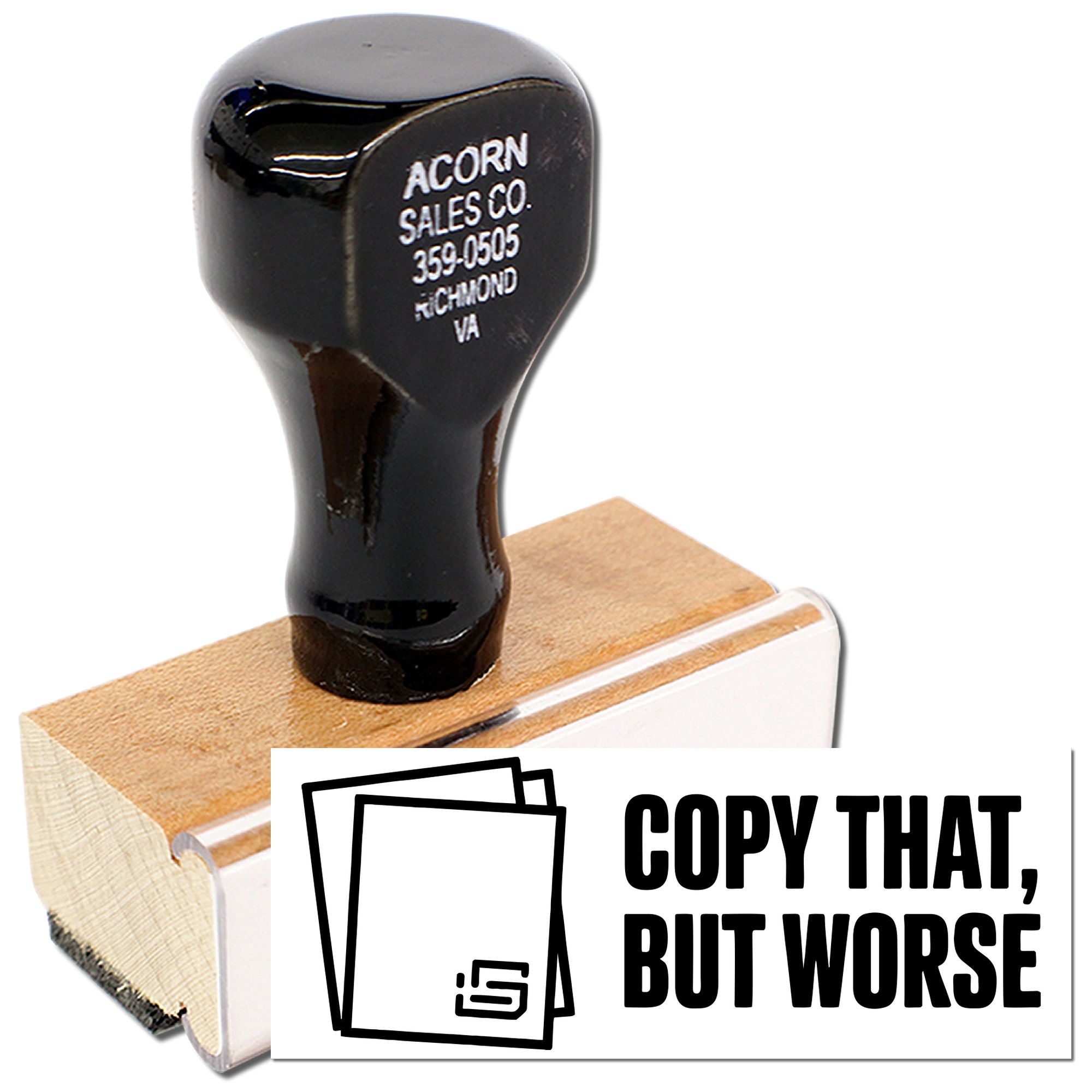 Custom business rubber stamp with wood handle for contact details and branding, featuring Acorn Sales Co. text.