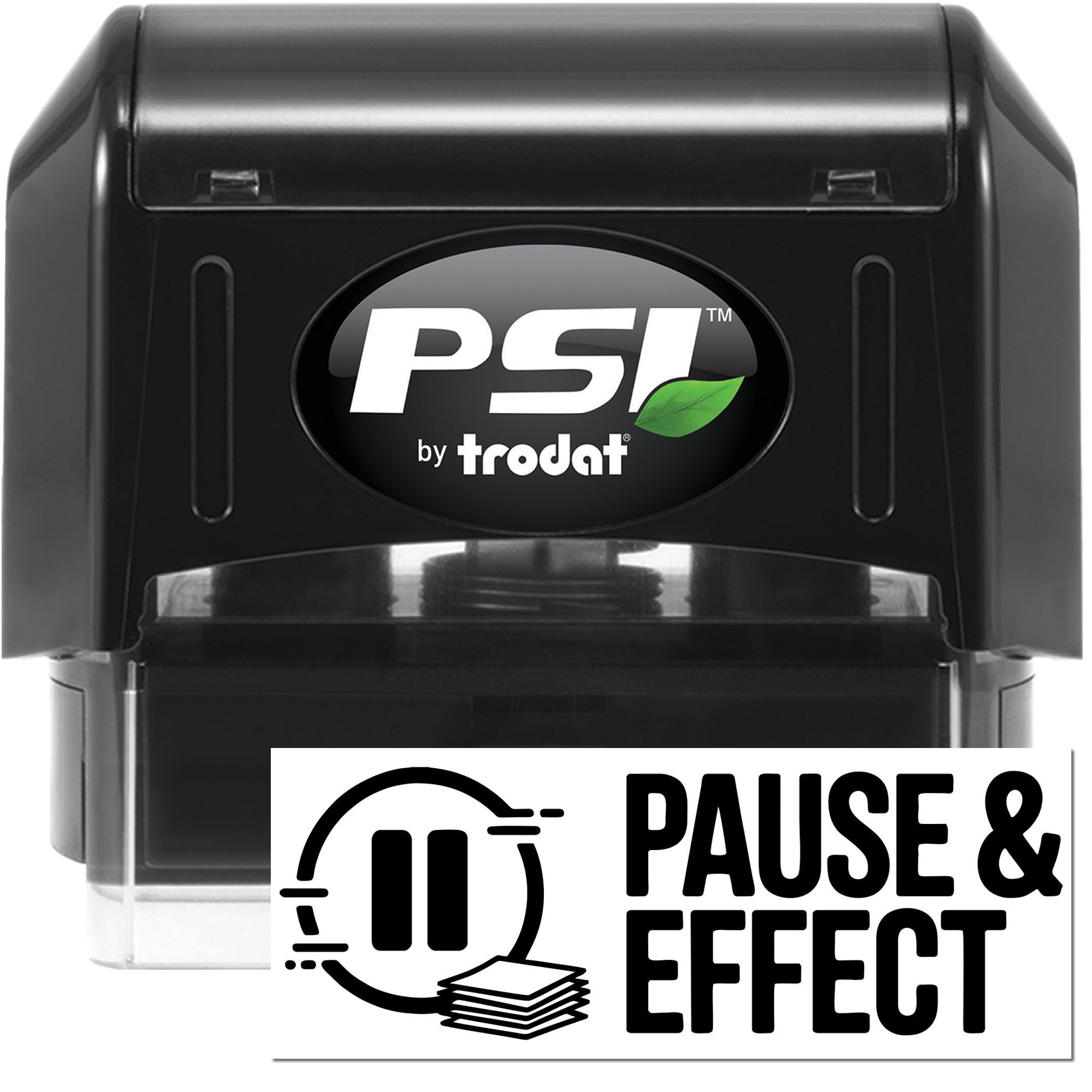 PSI by Trodat self-inking rubber stamp with pause and effect icon for office document marking.