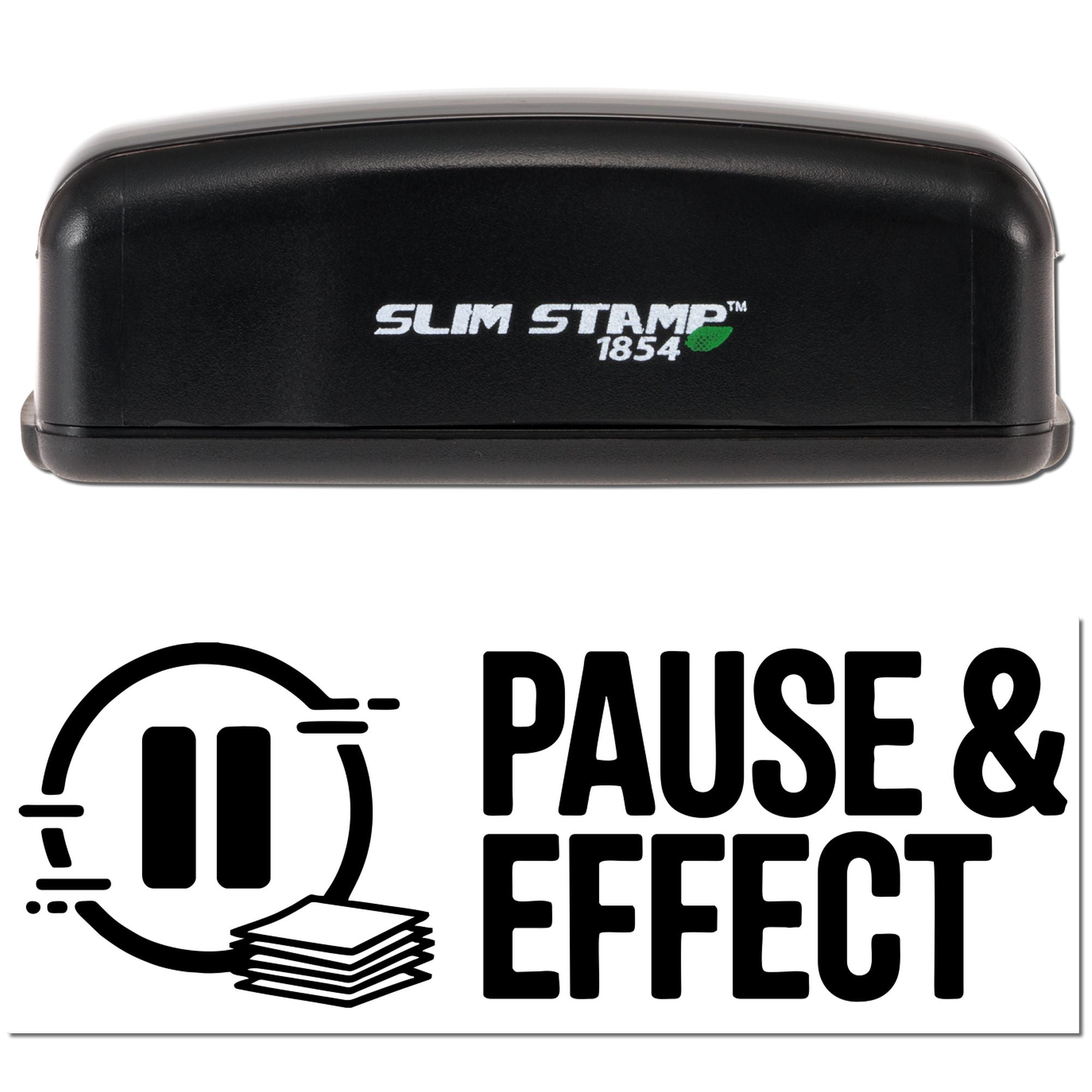 Slim Stamp 1854 self-inking rubber stamp with Pause & Effect imprint and pause icon, ideal for custom office stamping.