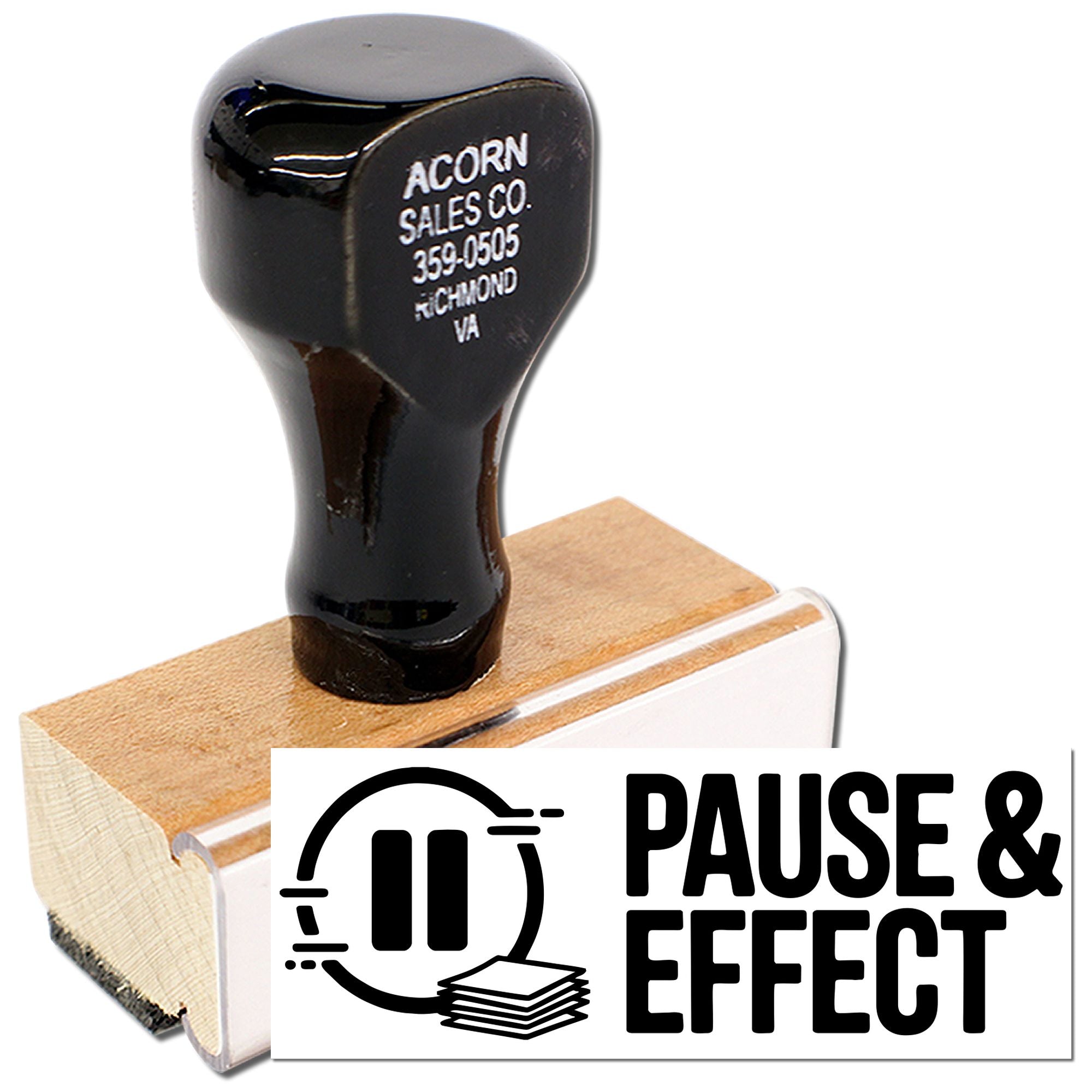 Custom rubber stamp with Pause & Effect logo and Acorn Sales Co. address, shown on a wooden hand stamp.