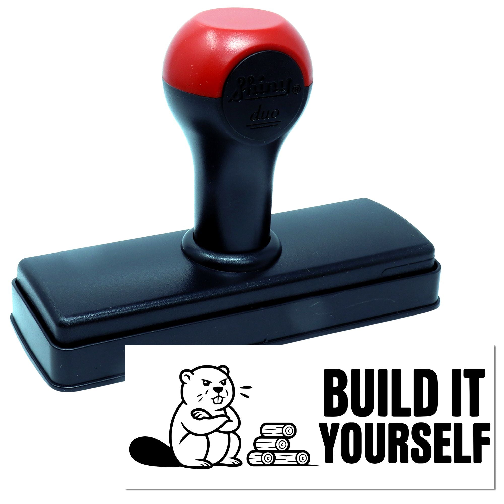 Self-inking custom rubber stamp with Build It Yourself beaver logo for DIY craft and woodworking branding.