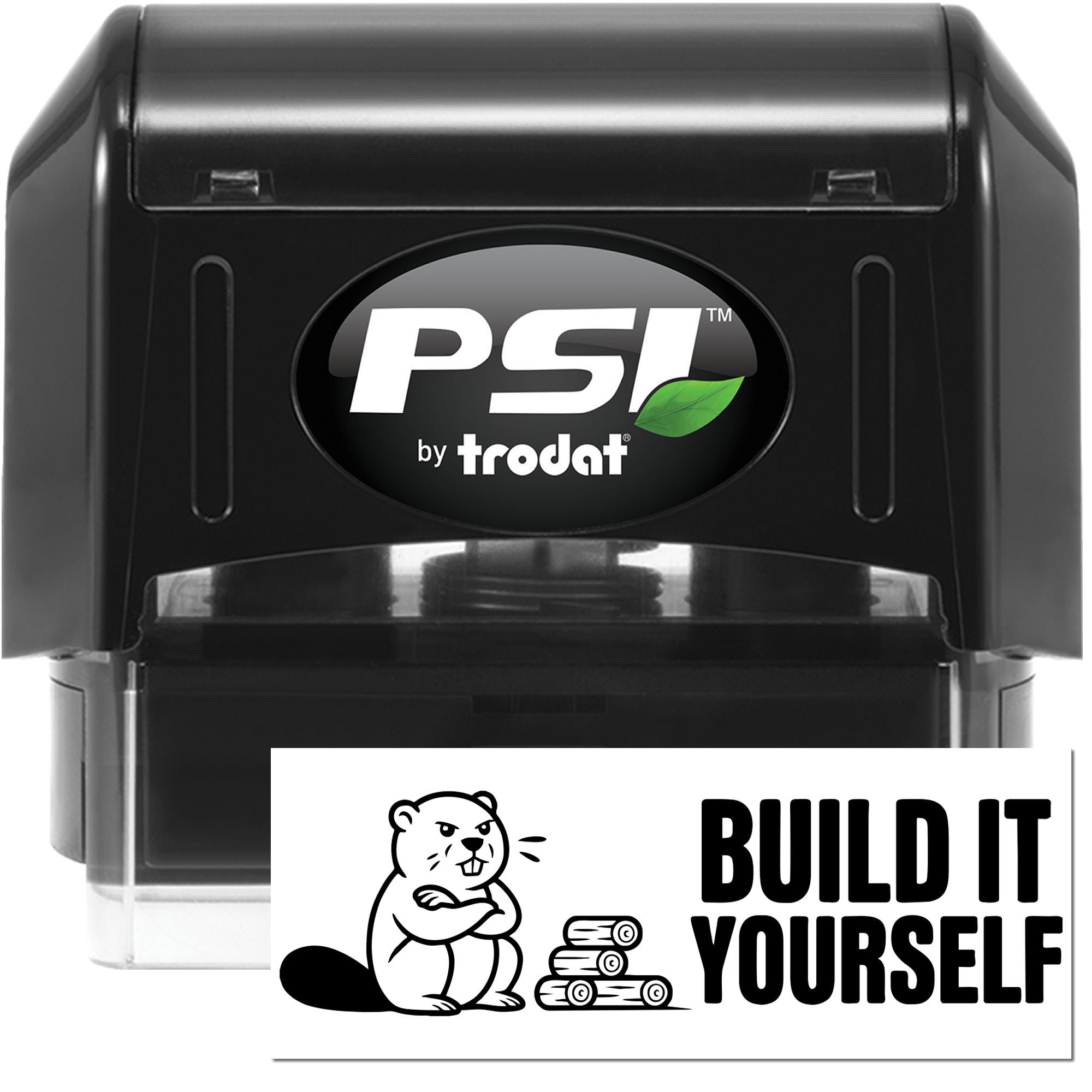 PSI by Trodat self-inking rubber stamp with custom Build It Yourself imprint and beaver logo for personalized stamping.