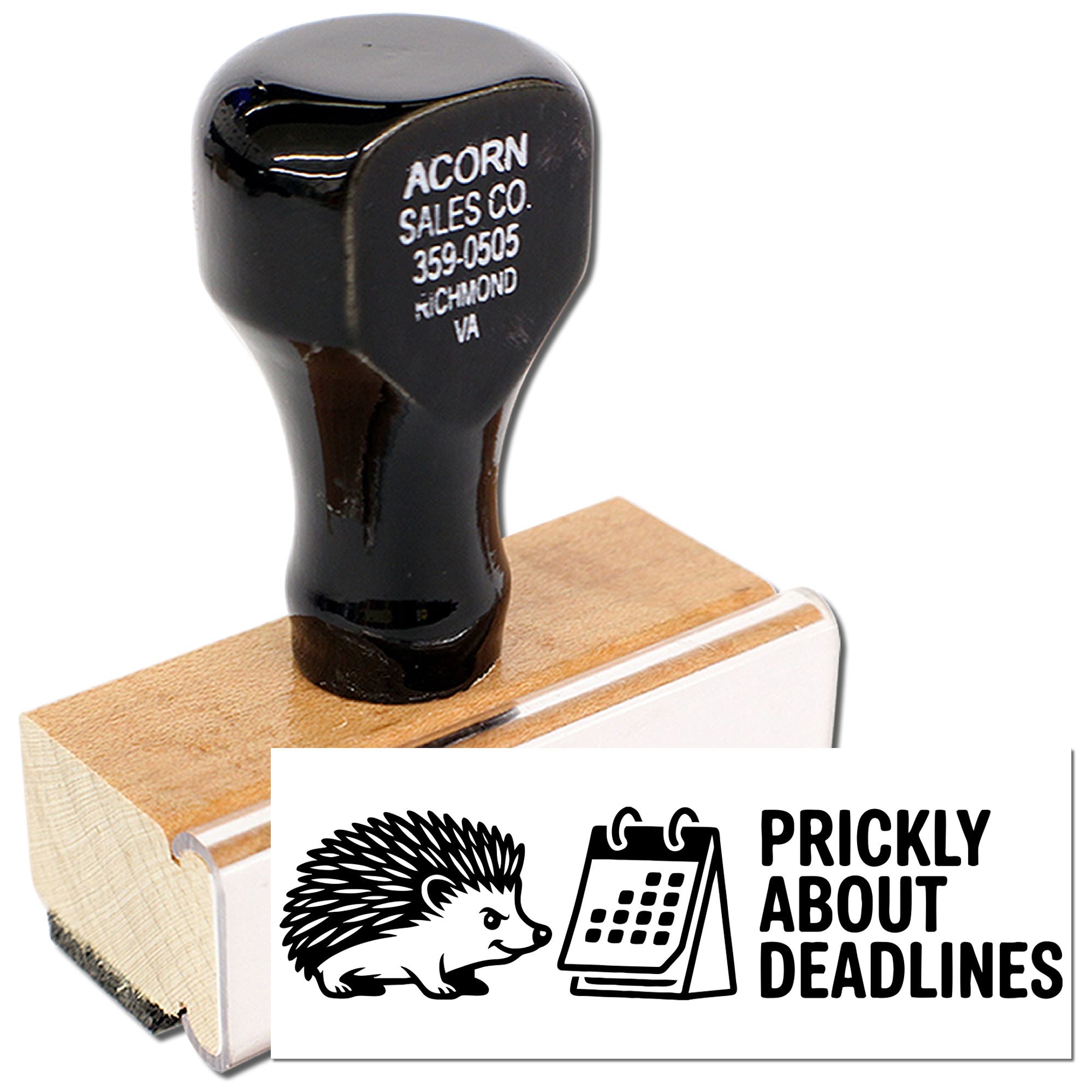 Custom rubber stamp with hedgehog and calendar design reading Prickly About Deadlines for office and planner use.