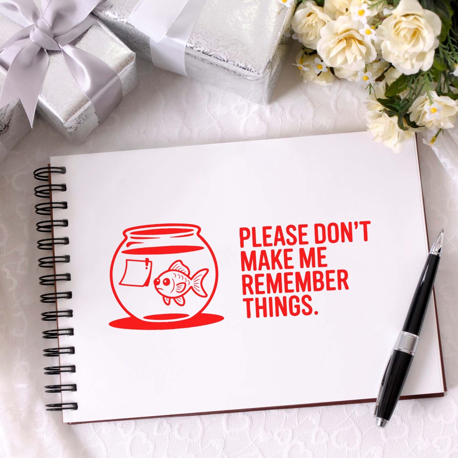 Funny custom rubber stamp design with fishbowl and Please dont make me remember things text for planners.