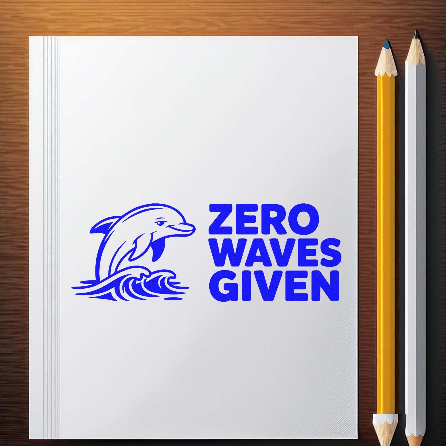 Zero Waves Given dolphin custom rubber stamp design mockup for beach-themed notebooks and coastal crafts.