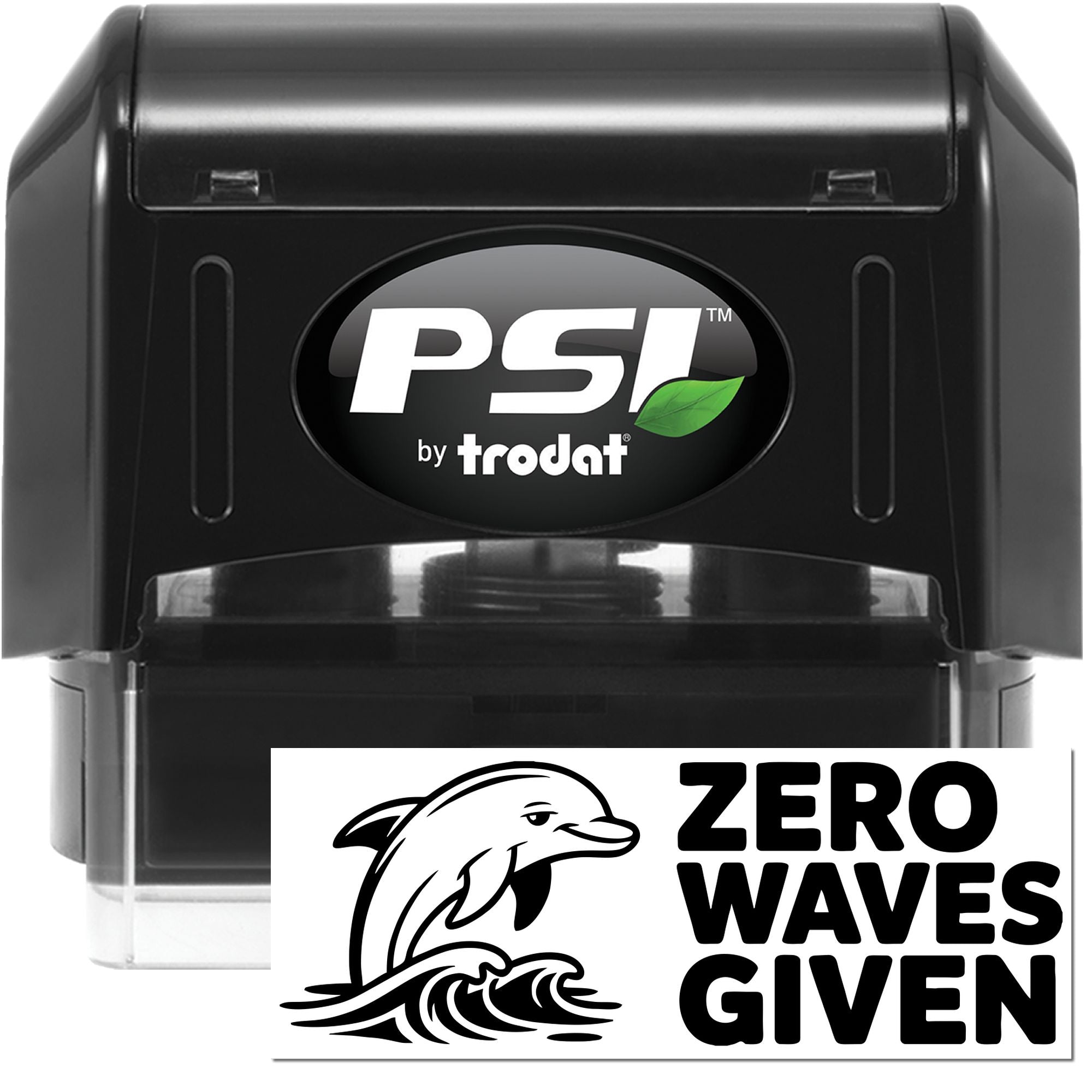 PSI by Trodat self-inking rubber stamp with dolphin Zero Waves Given design for custom ocean-themed branding