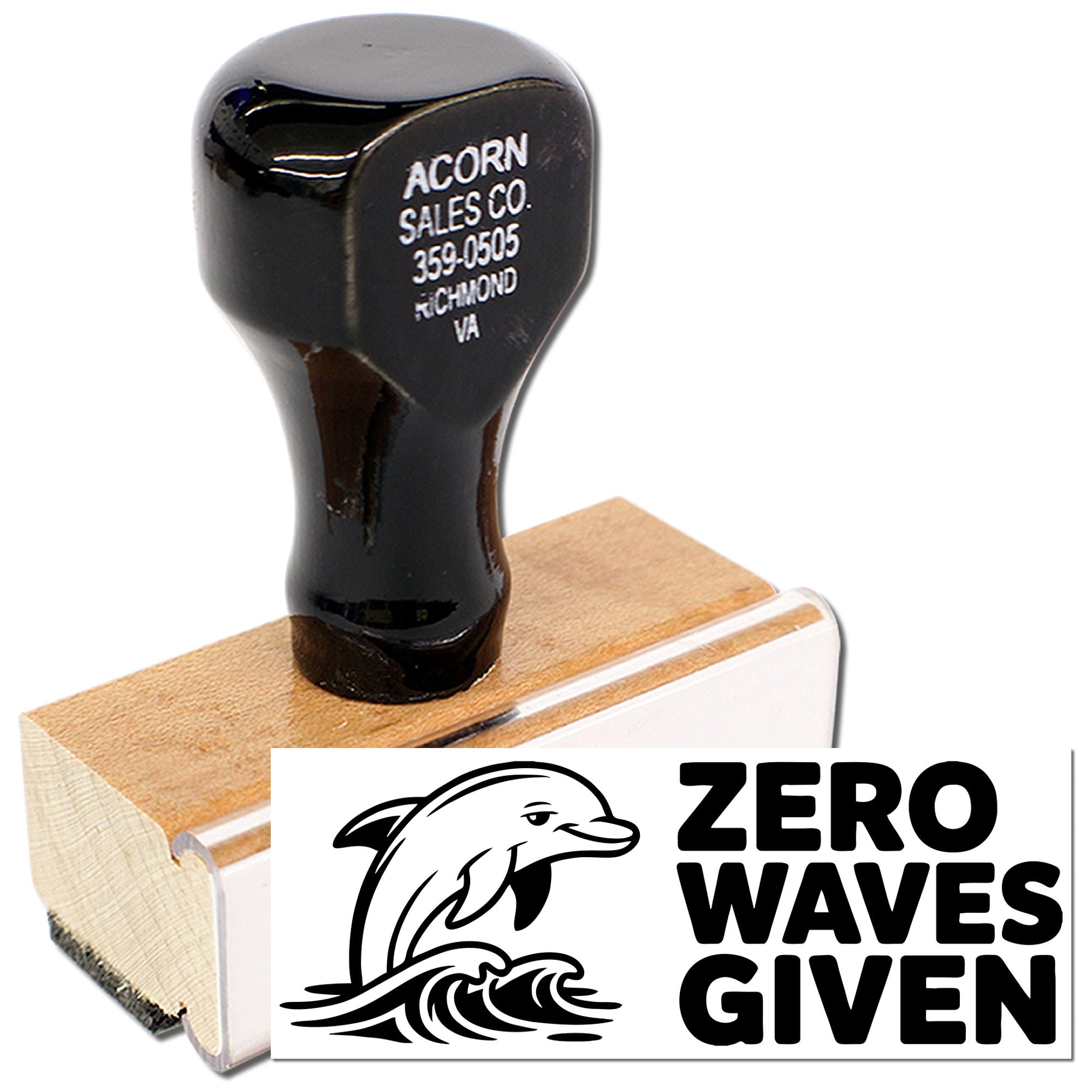 Custom rubber stamp with dolphin logo and Zero Waves Given text for beach-themed branding and promotional stamping.