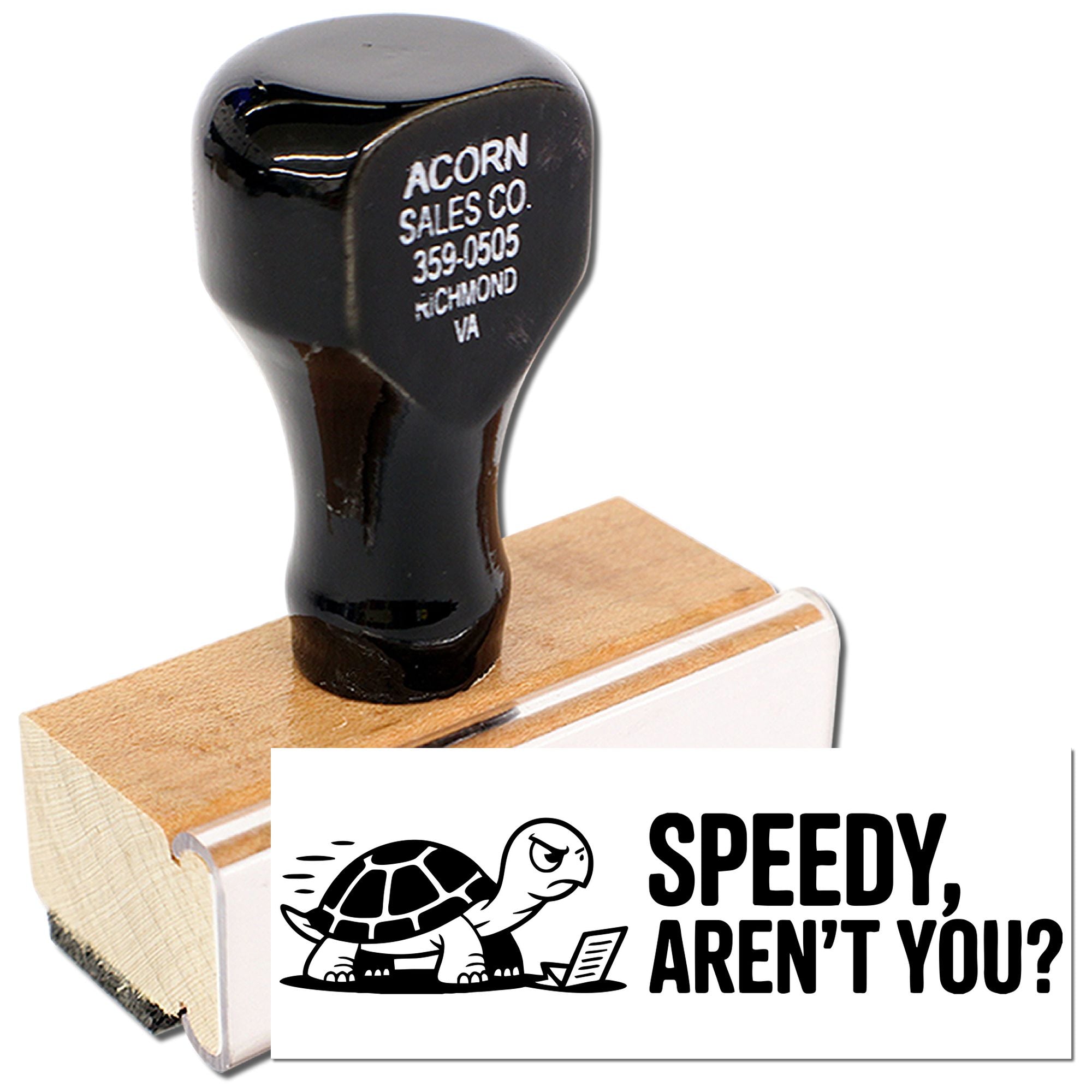 Custom wood handle rubber stamp with turtle and Speedy, arent you? design for office documents, labels, and teacher notes.