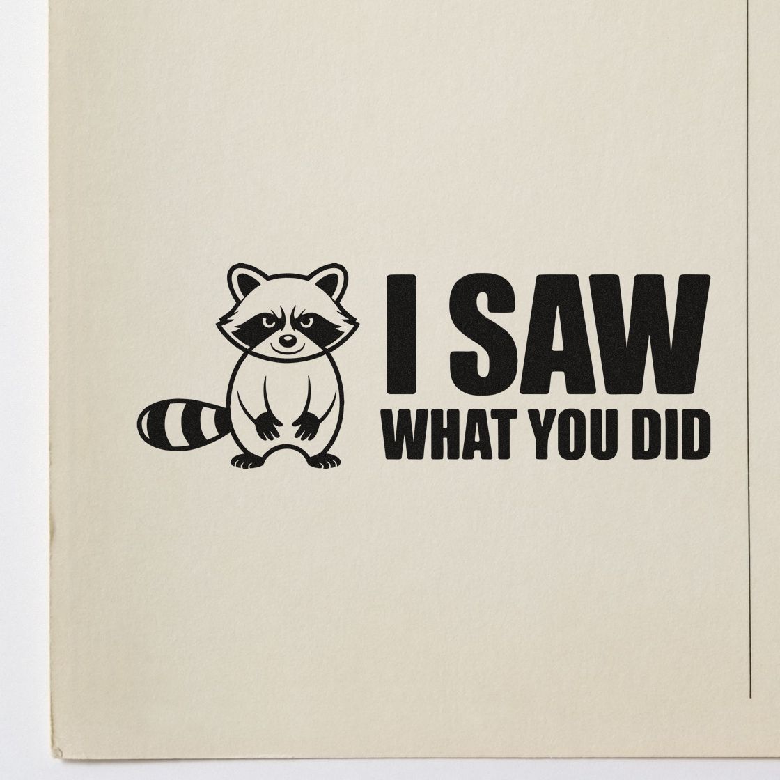 Raccoon I Saw What You Did rubber stamp design for journals, planners, and playful warning notes.