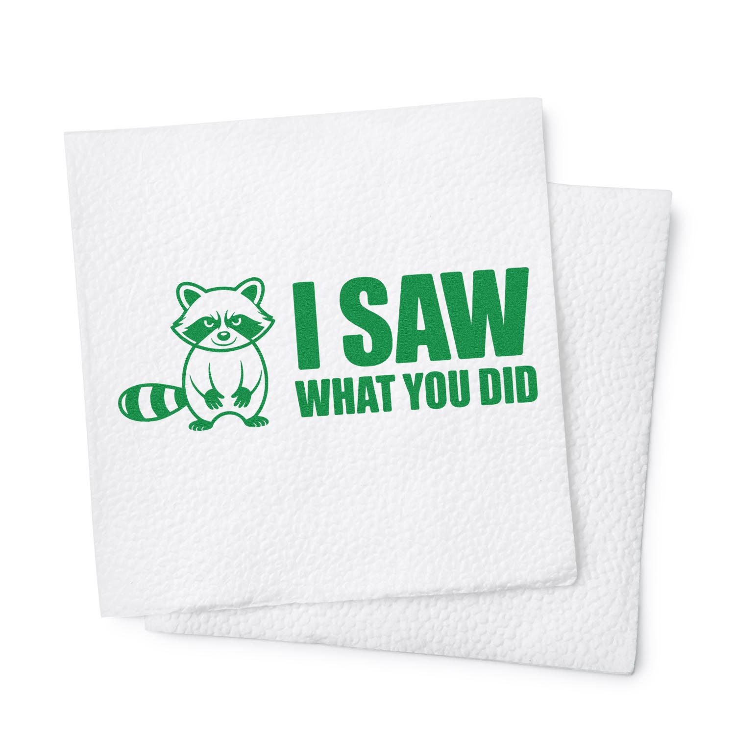 Funny raccoon rubber stamp with I Saw What You Did text for custom stationery, cards, and craft stamping.