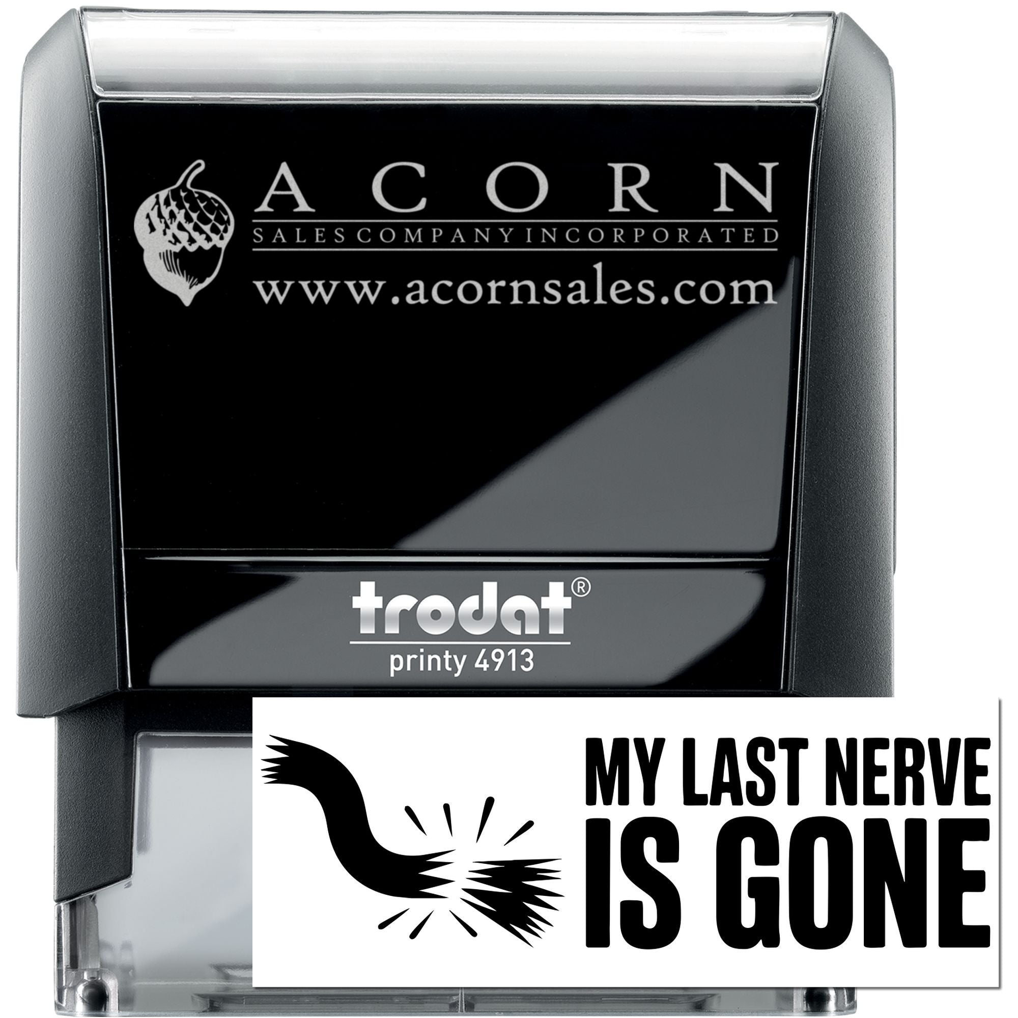 Custom self-inking rubber stamp with personalized logo and funny My Last Nerve Is Gone design, Trodat Printy 4913.