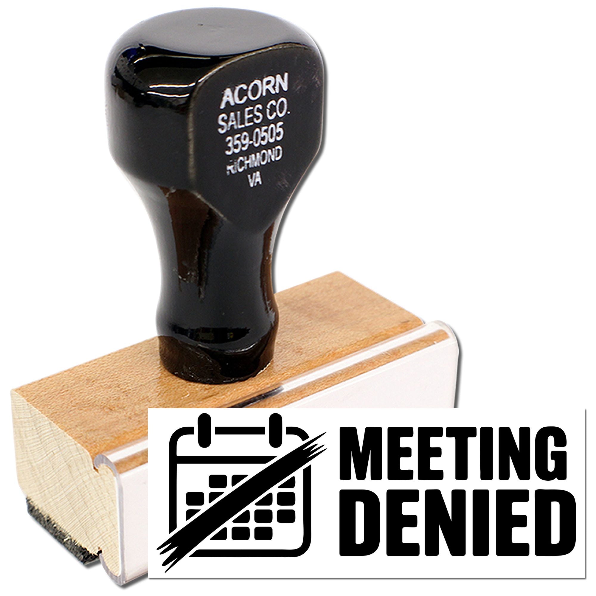 Meeting Denied rubber stamp with wood handle, perfect for office approvals and business documents.