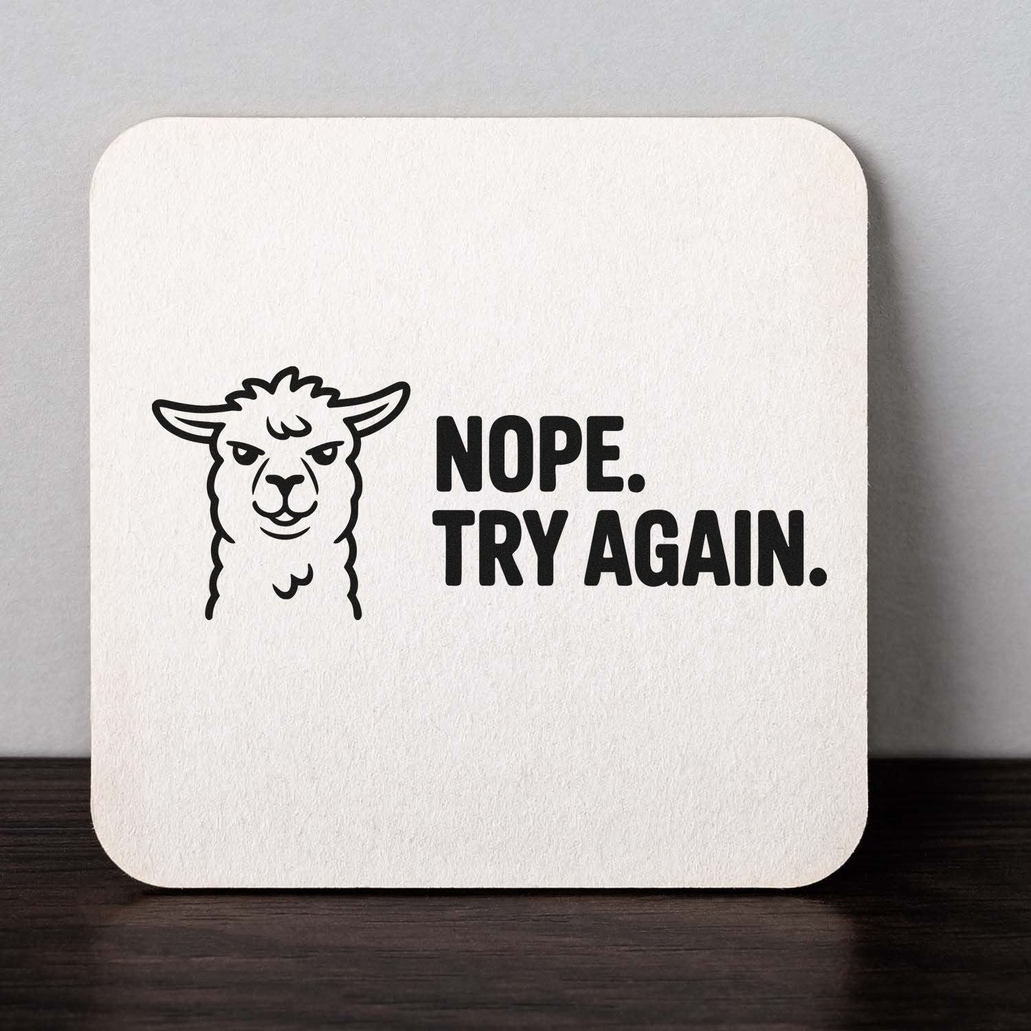 Llama Nope, Try Again rubber stamp design with bold text on a white square card.