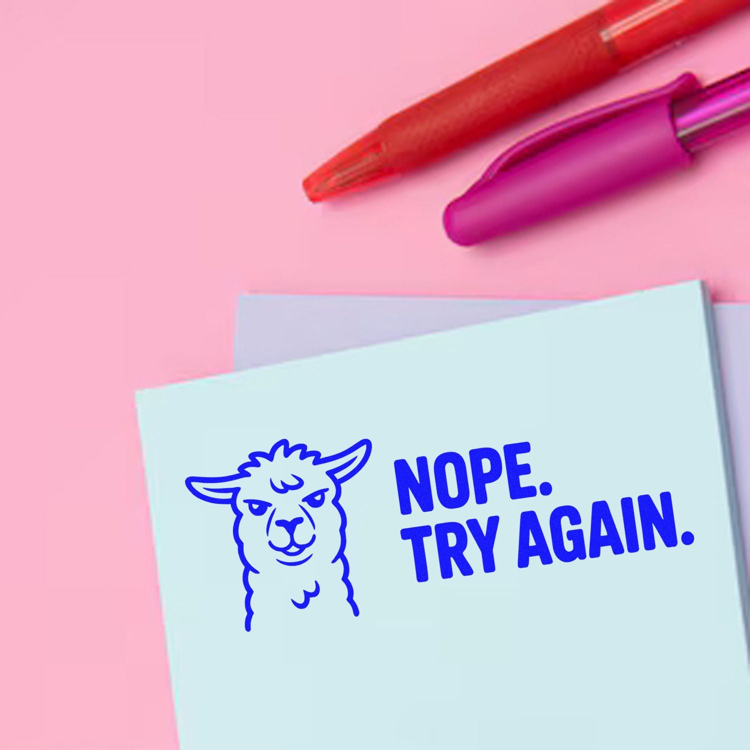 Funny llama rubber stamp with Nope. Try Again. text for custom office, school, or motivational stamping.