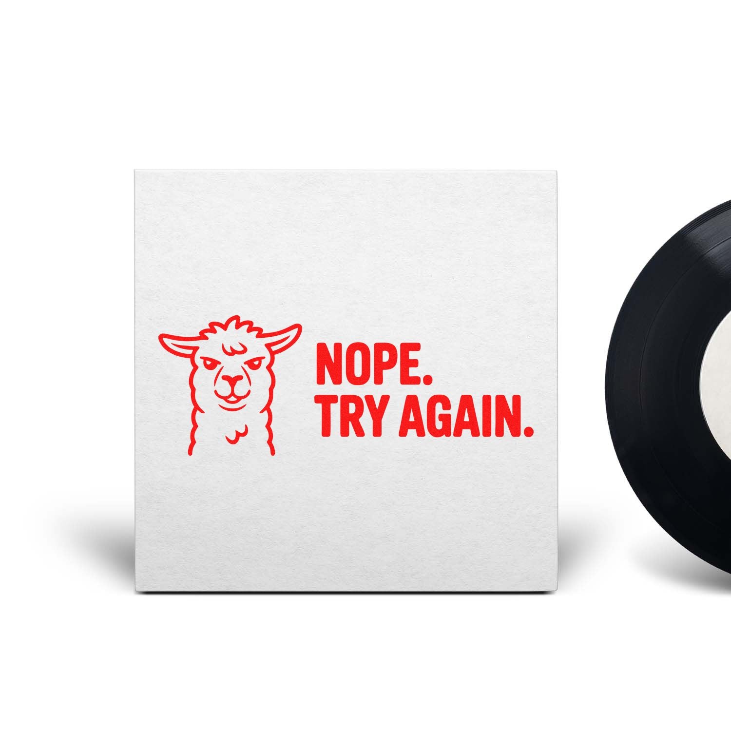 Playful custom rubber stamp with llama and Nope. Try Again. for rejection, teacher, or office marking.