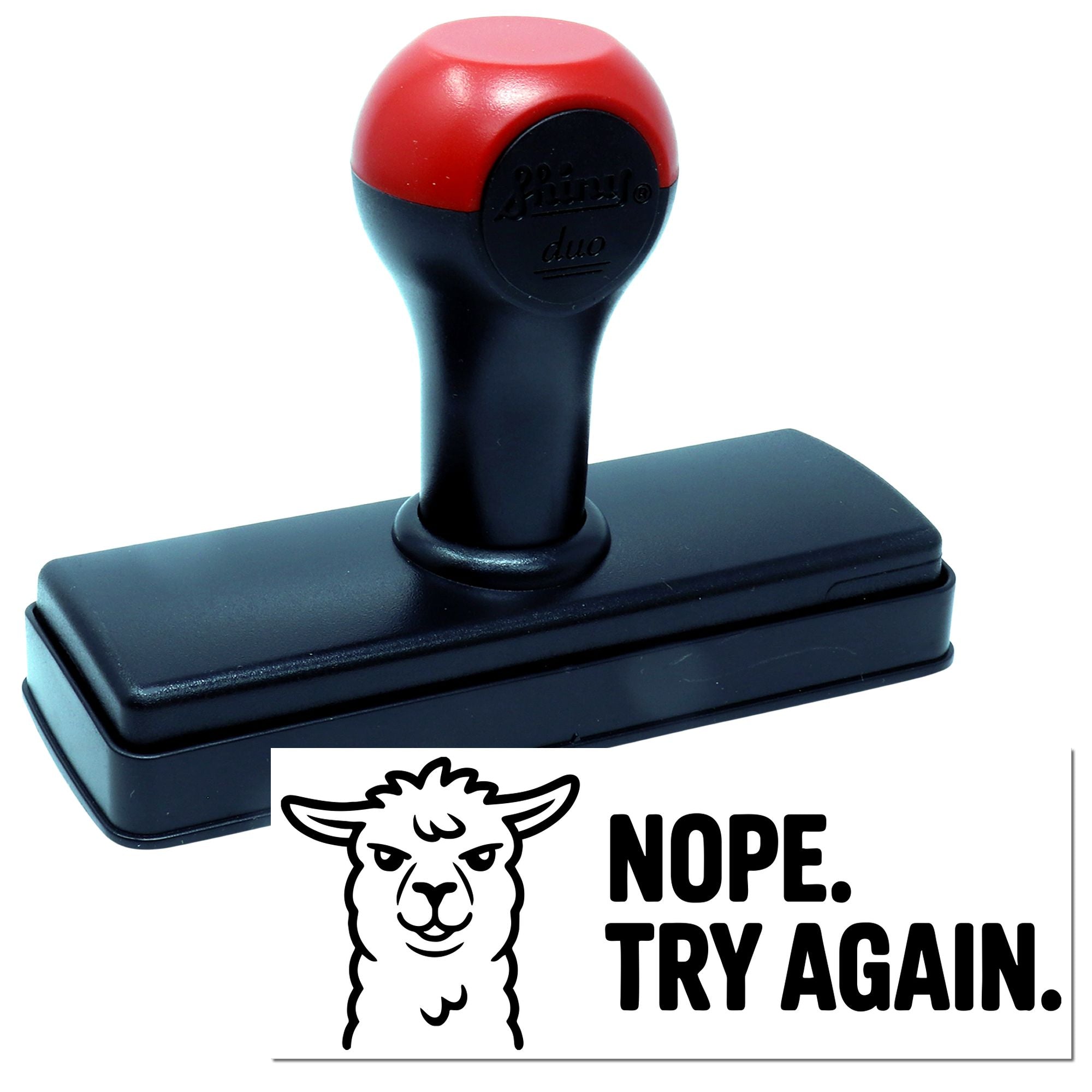 Self-inking rubber stamp with llama Nope. Try Again. design for humorous office feedback and custom stamping.