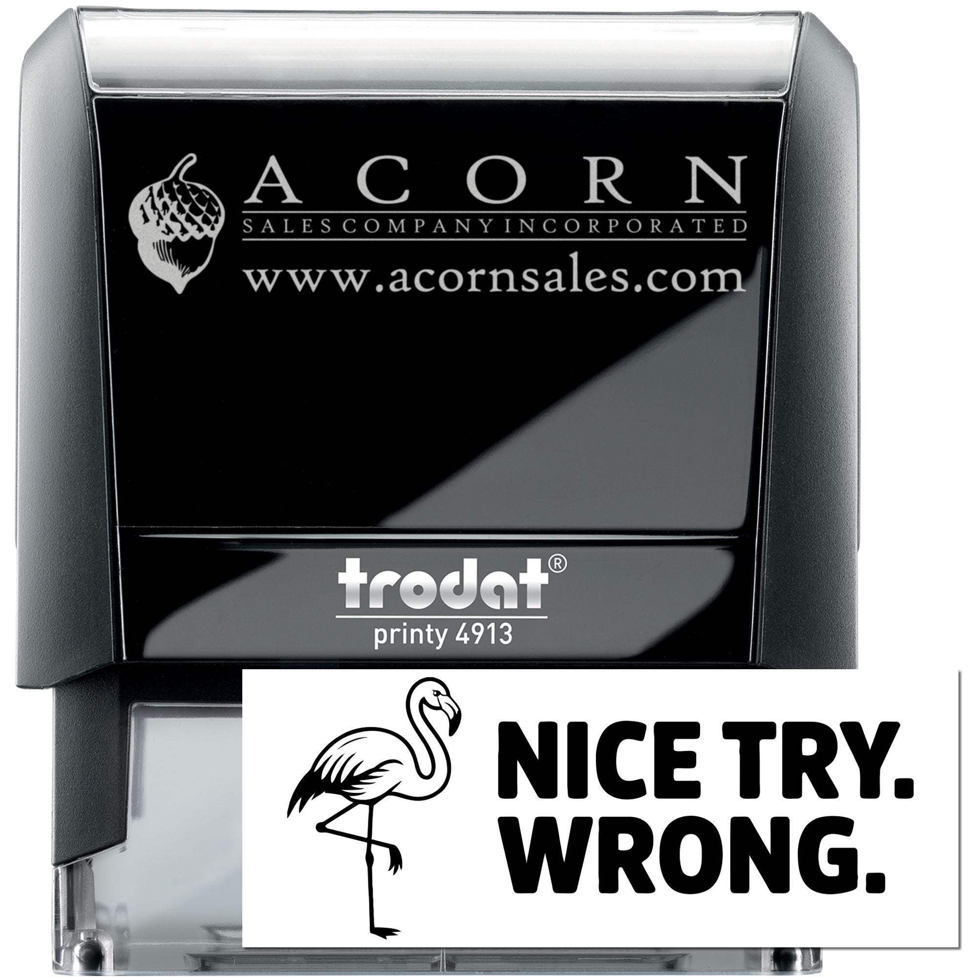Trodat Printy 4913 custom self-inking rubber stamp with Acorn Sales logo and website, shown with sample impression.
