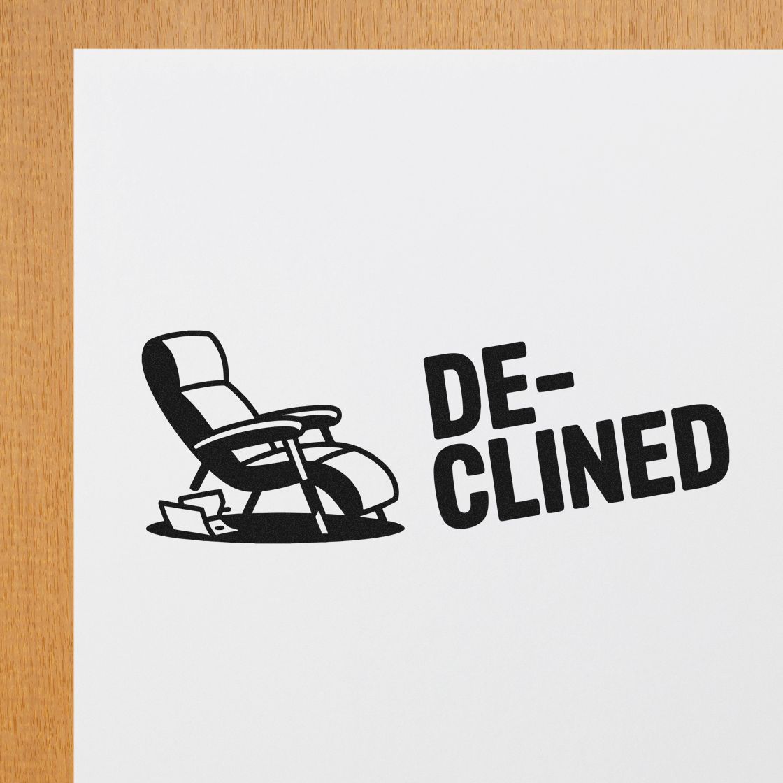 Declined rubber stamp design with recliner chair icon for office approvals and rejected documents.