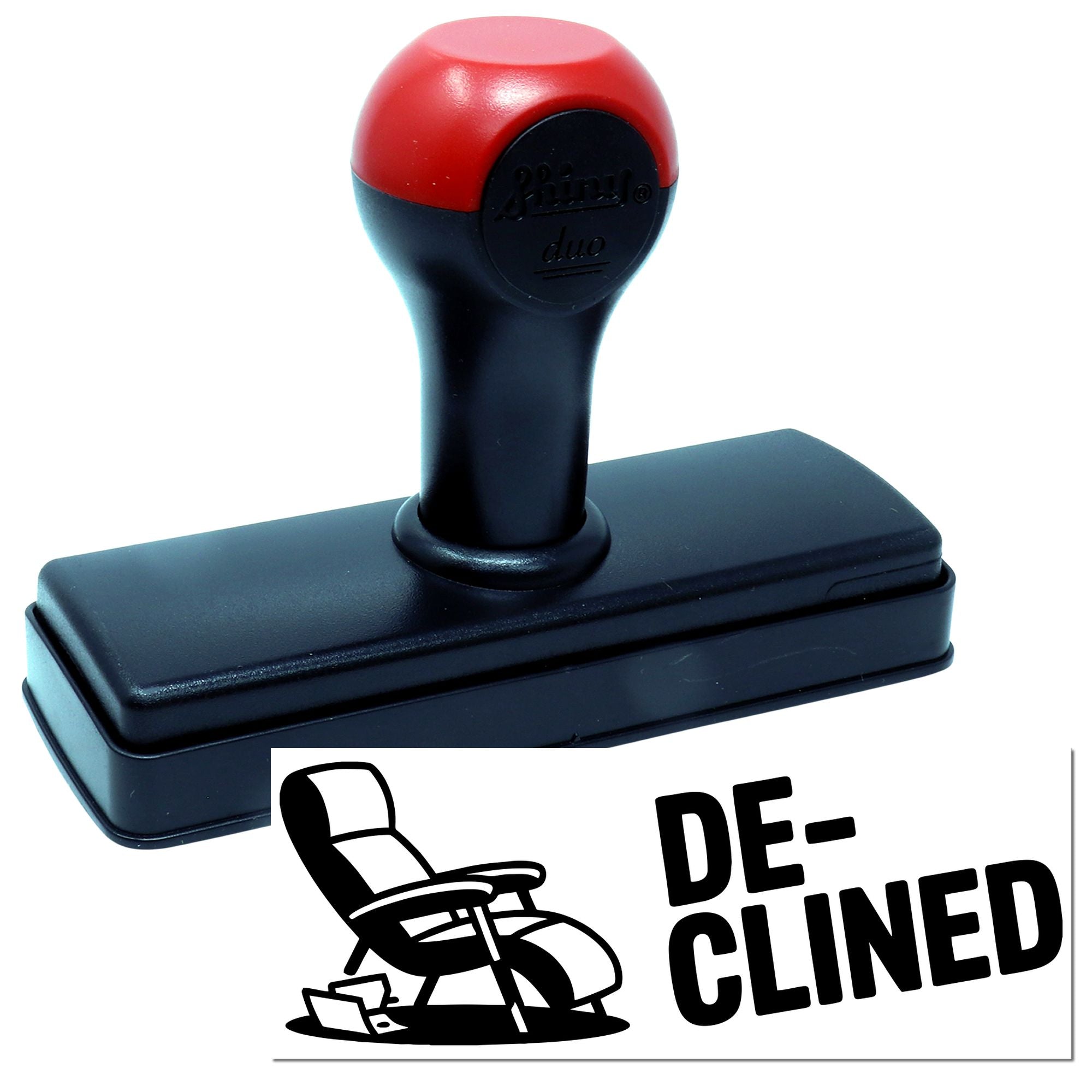 Self-inking rubber stamp with 'DE-CLINED' imprint for marking rejected documents