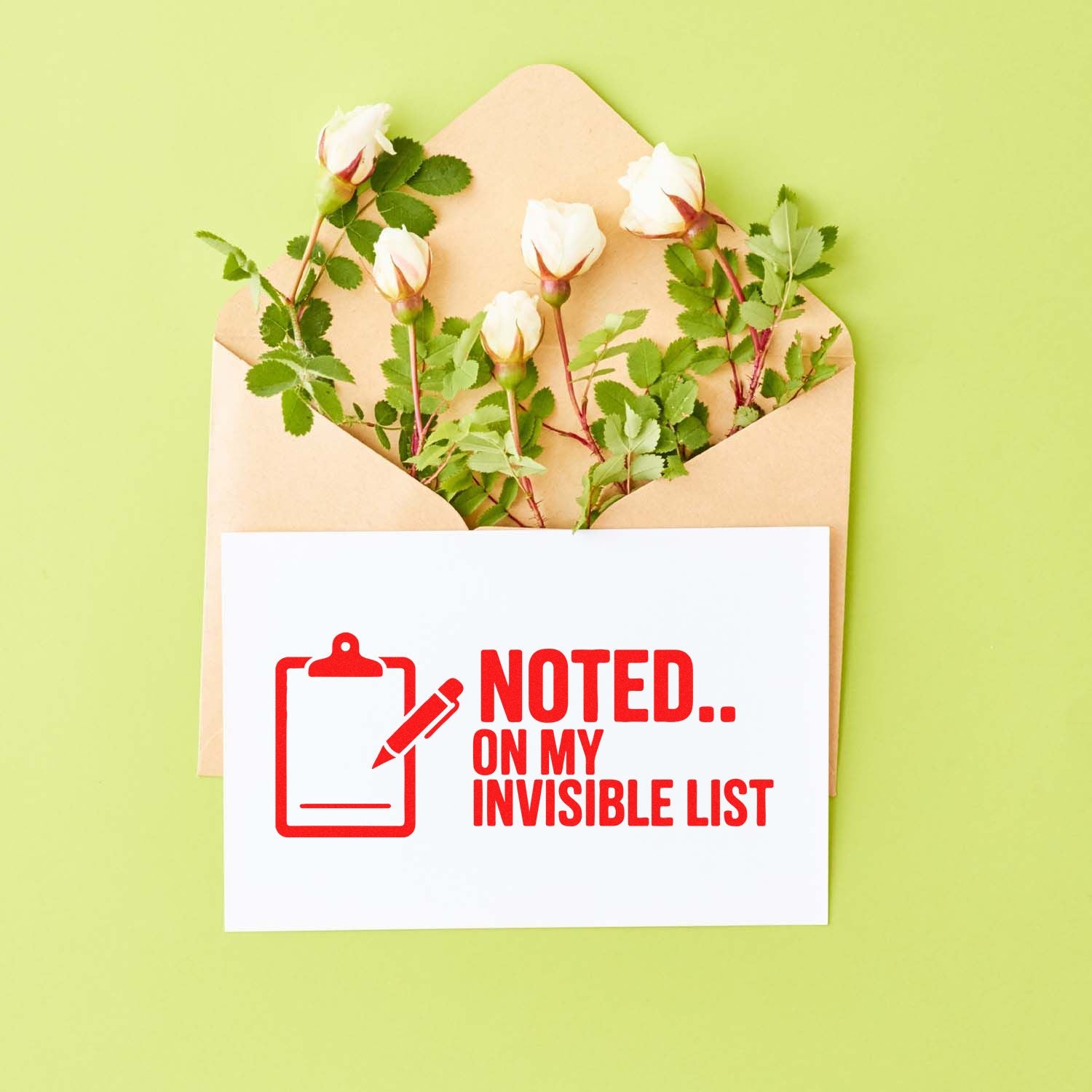 Funny rubber stamp design with clipboard icon and Noted on my invisible list for office stationery and note cards.