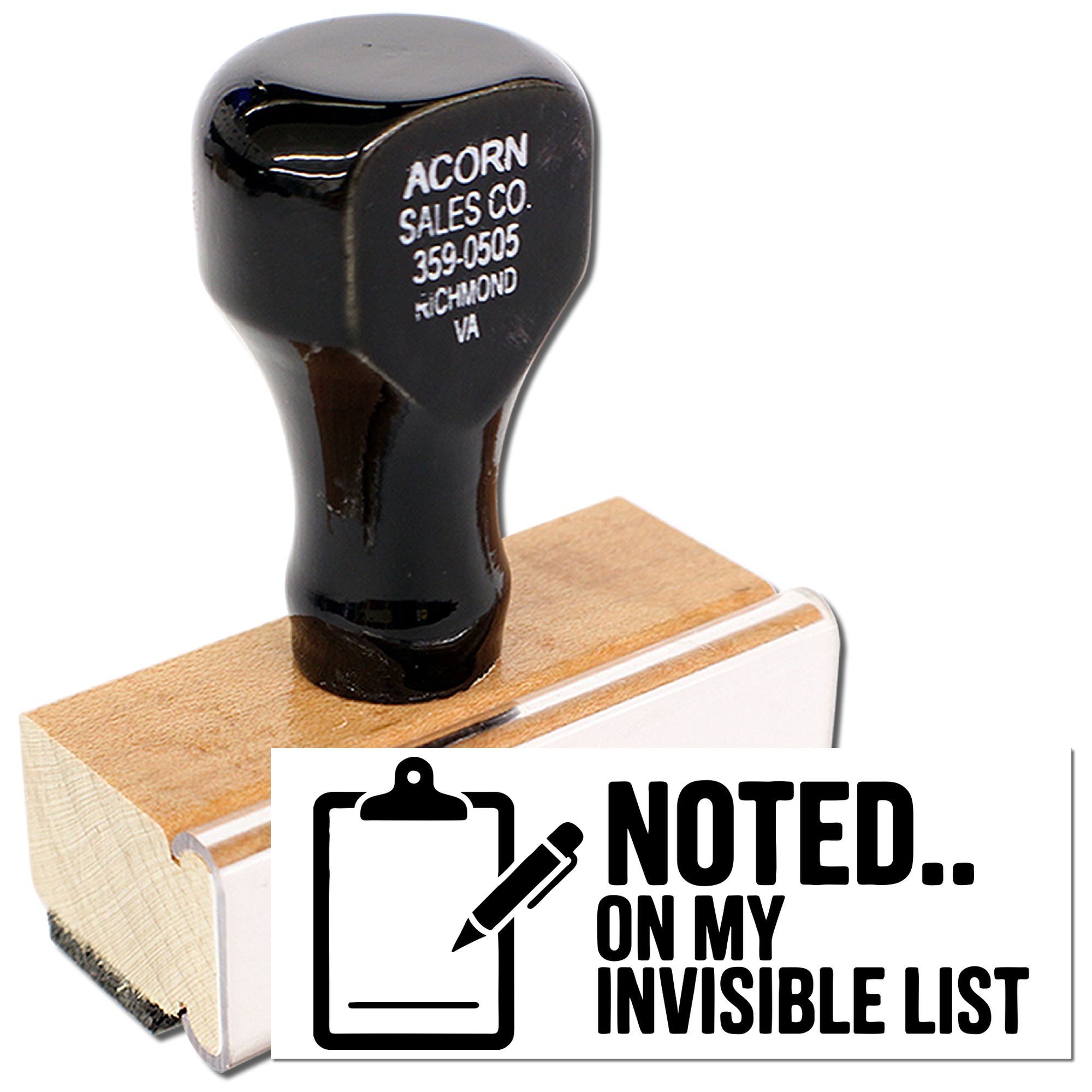 Custom rubber stamp with self-inking handle and Noted on my invisible list message for office notes and reminders.