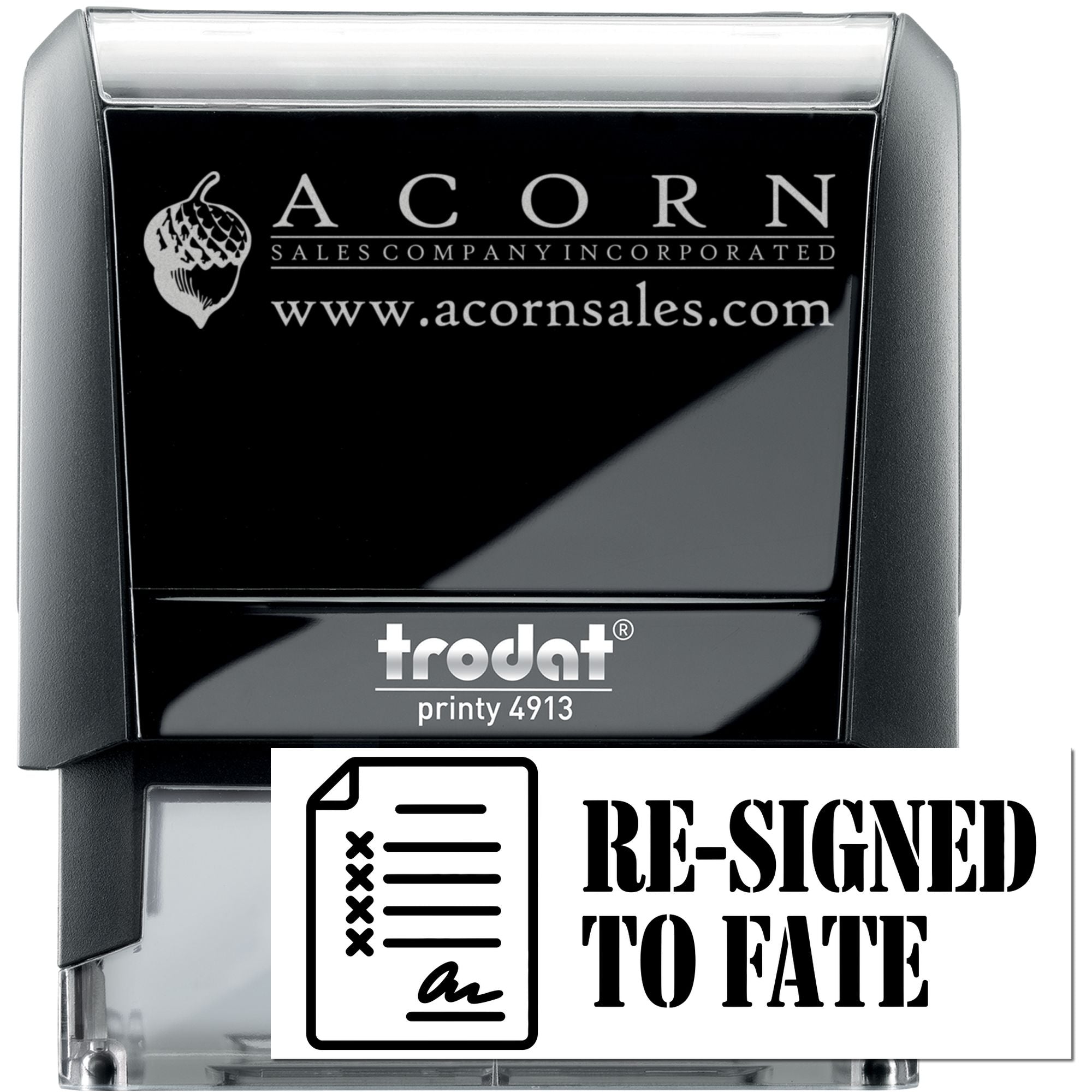 Custom self-inking rubber stamp, Trodat Printy 4913, with Acorn Sales Company logo and website for business branding.