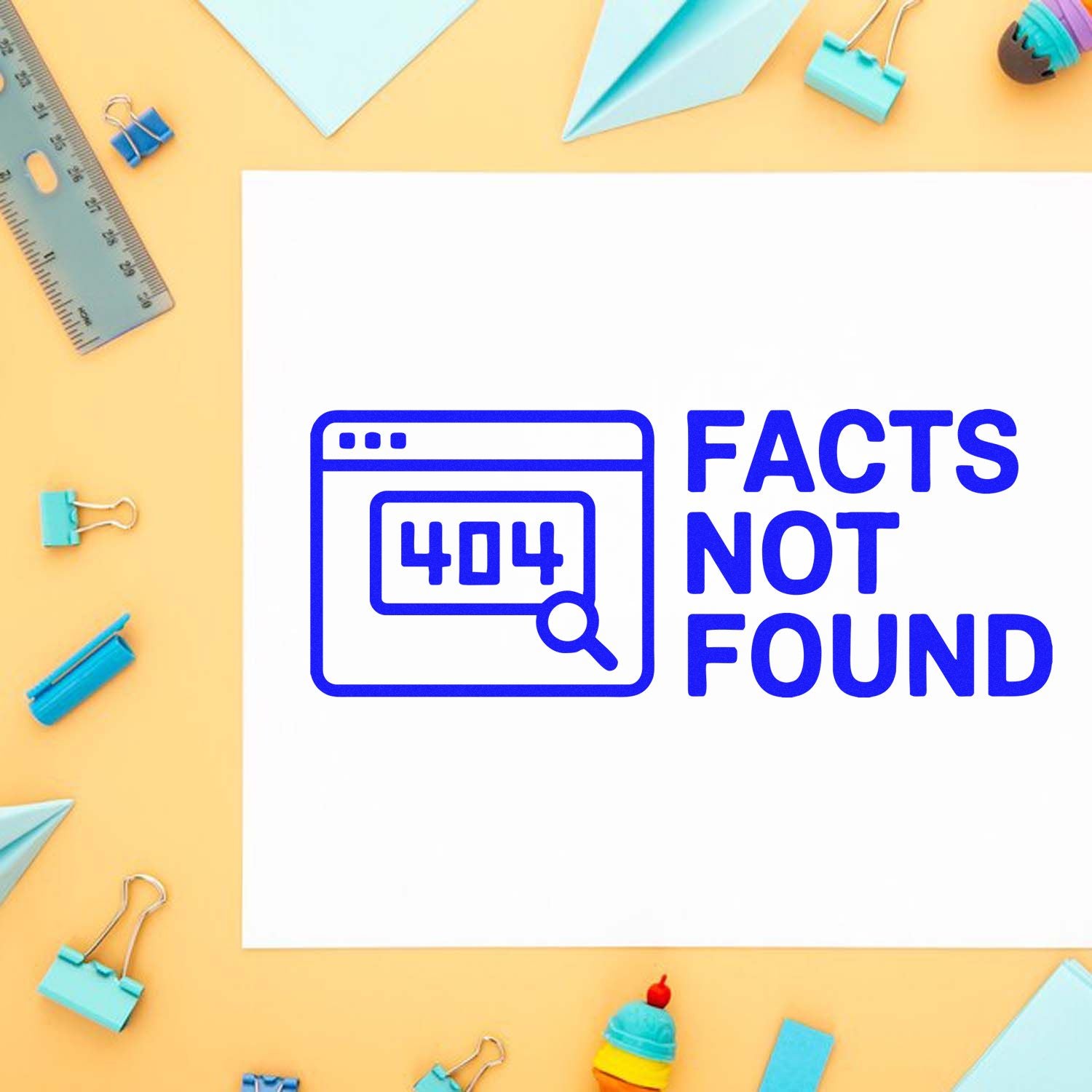 Custom rubber stamp design with 404 facts not found error icon on stationery background