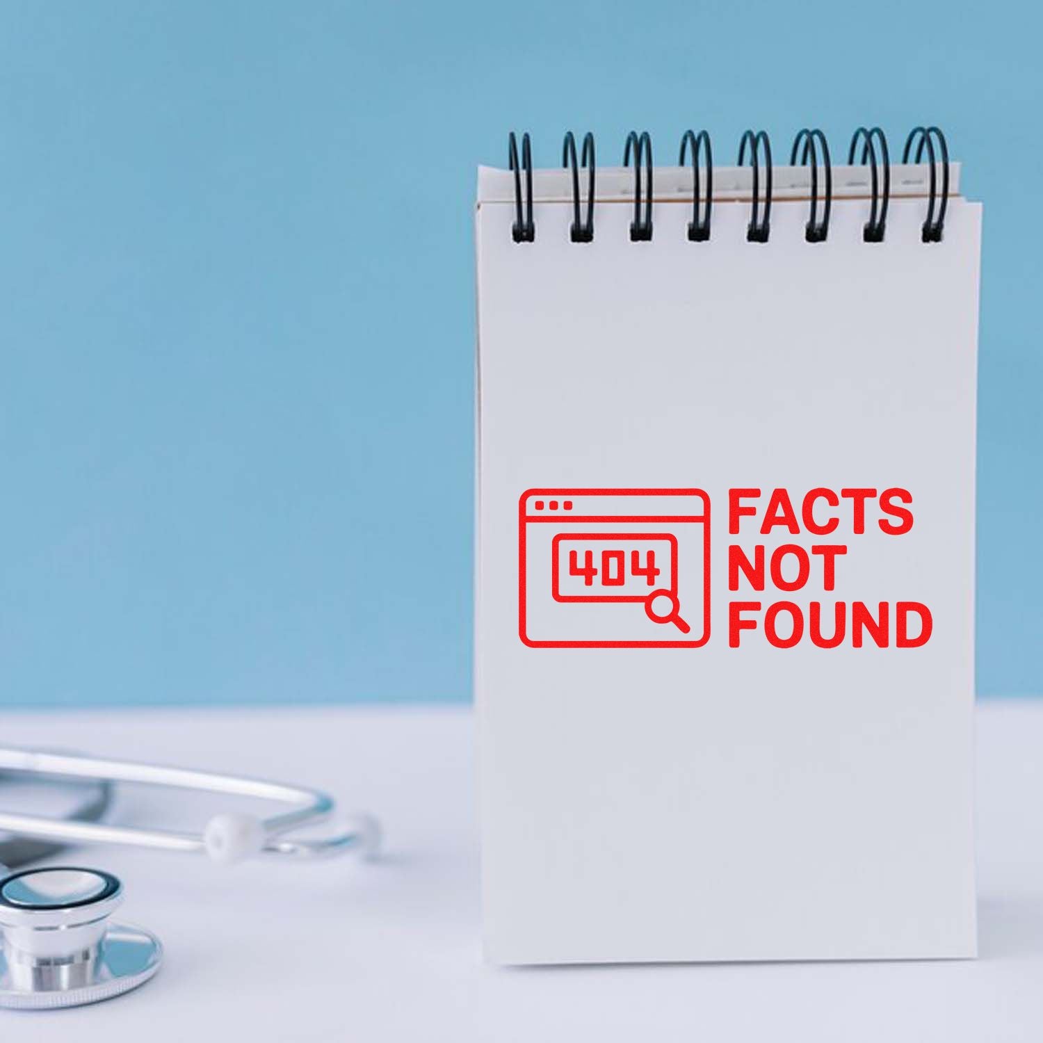 Red 404 Facts Not Found stamp design on notebook, ideal for custom rubber stamps, websites, and error-message branding.