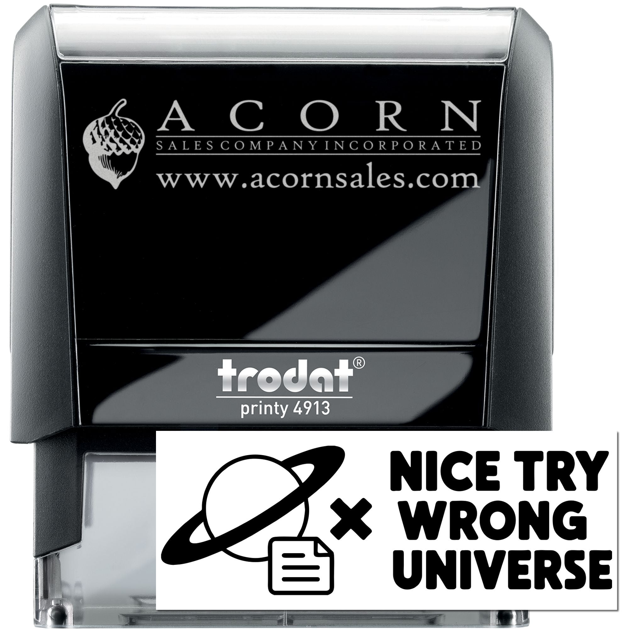 Custom self-inking rubber stamp, Trodat Printy 4913, with Acorn Sales Company logo and website imprint.
